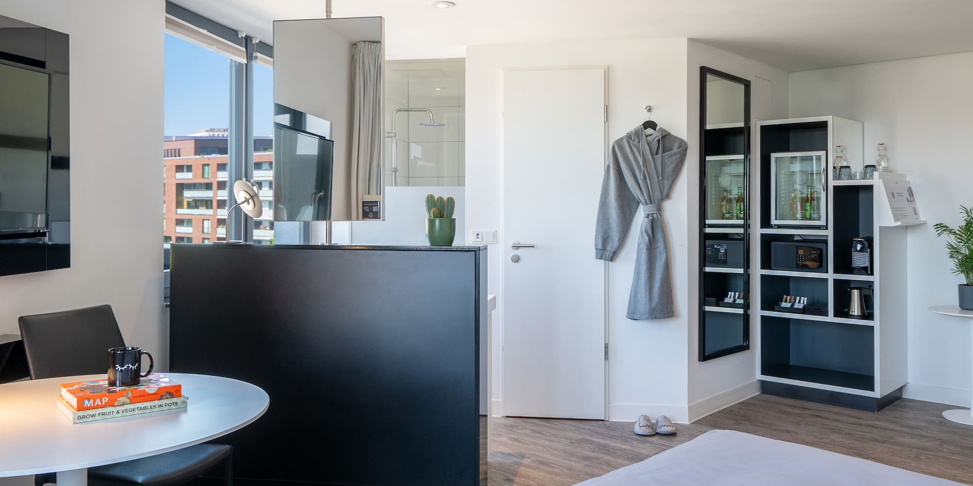 a room with a bed and a table