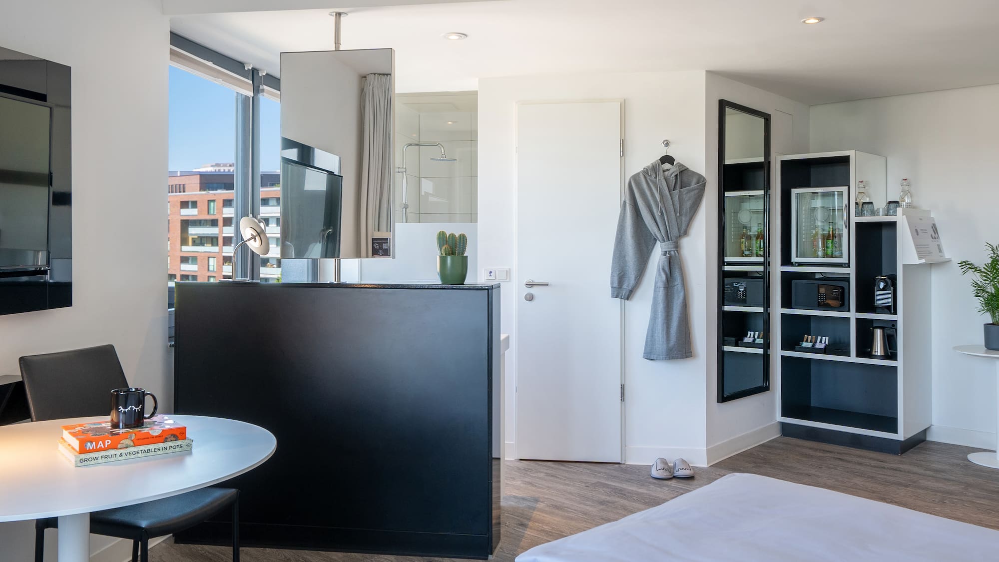 a room with a bed and a table