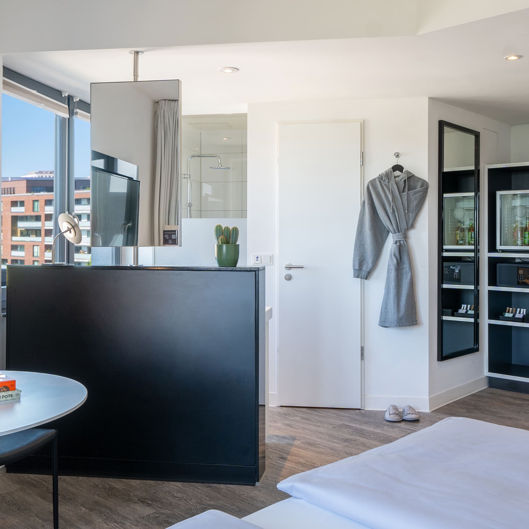 a room with a bed and a table