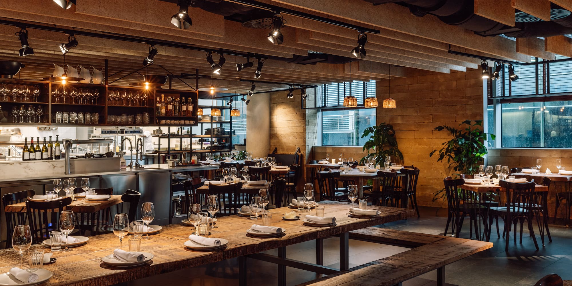 a restaurant with tables and benches