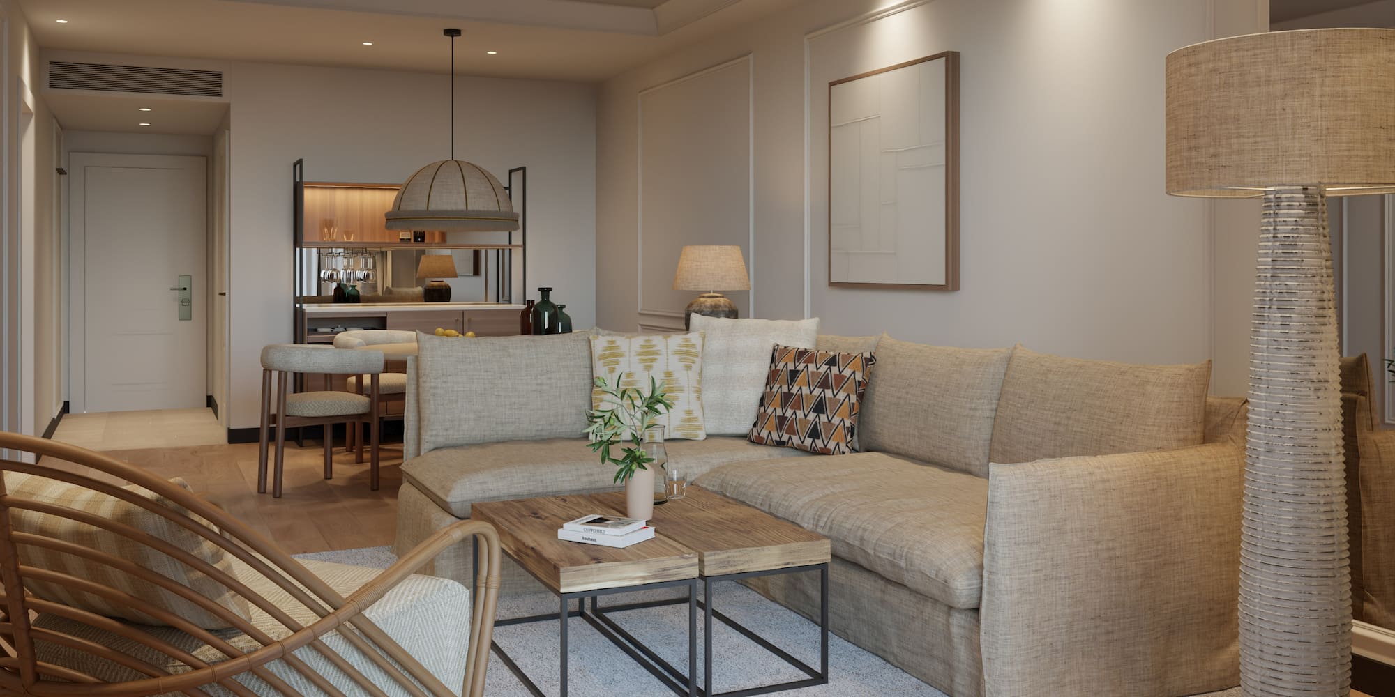 a living room with a couch and a table