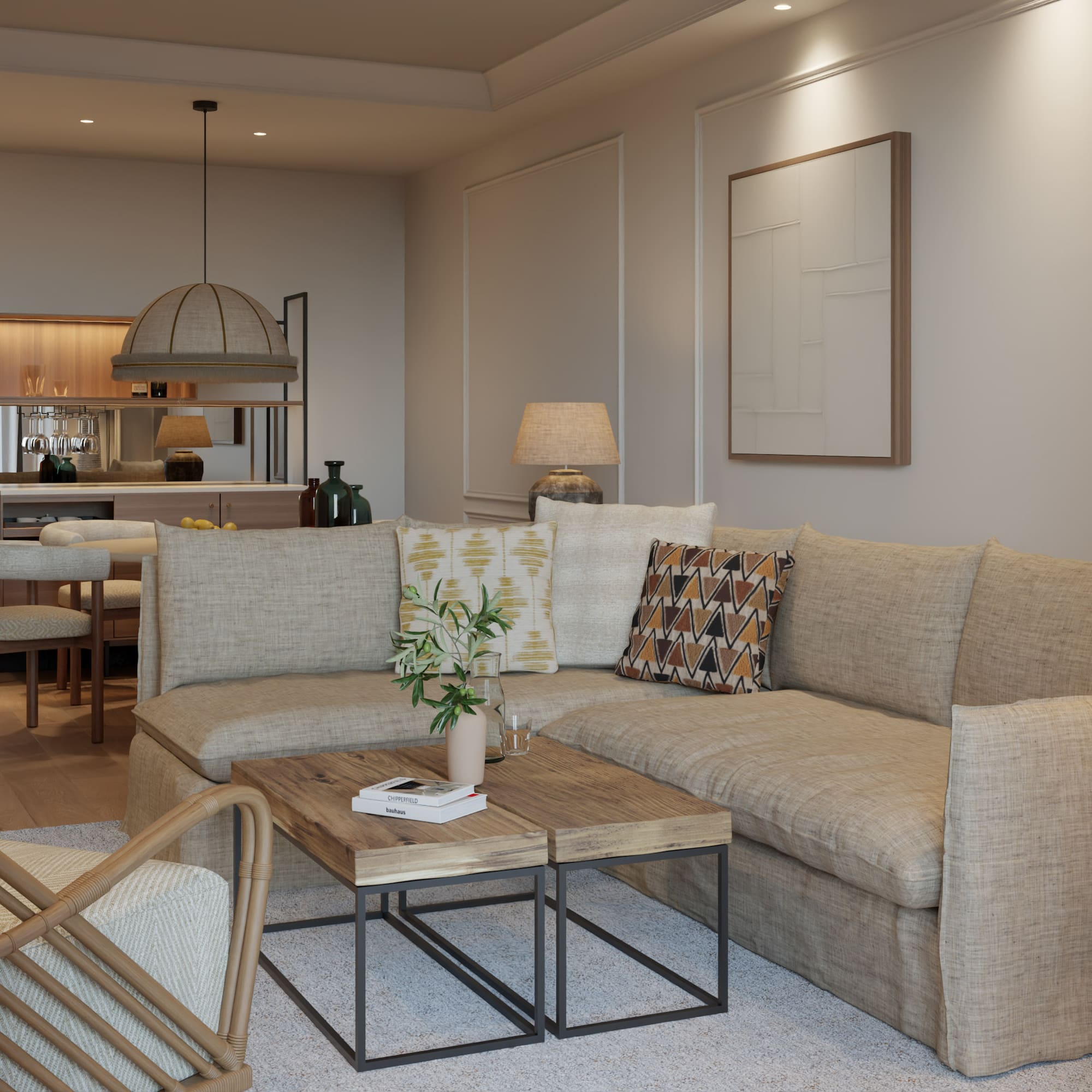 a living room with a couch and a table