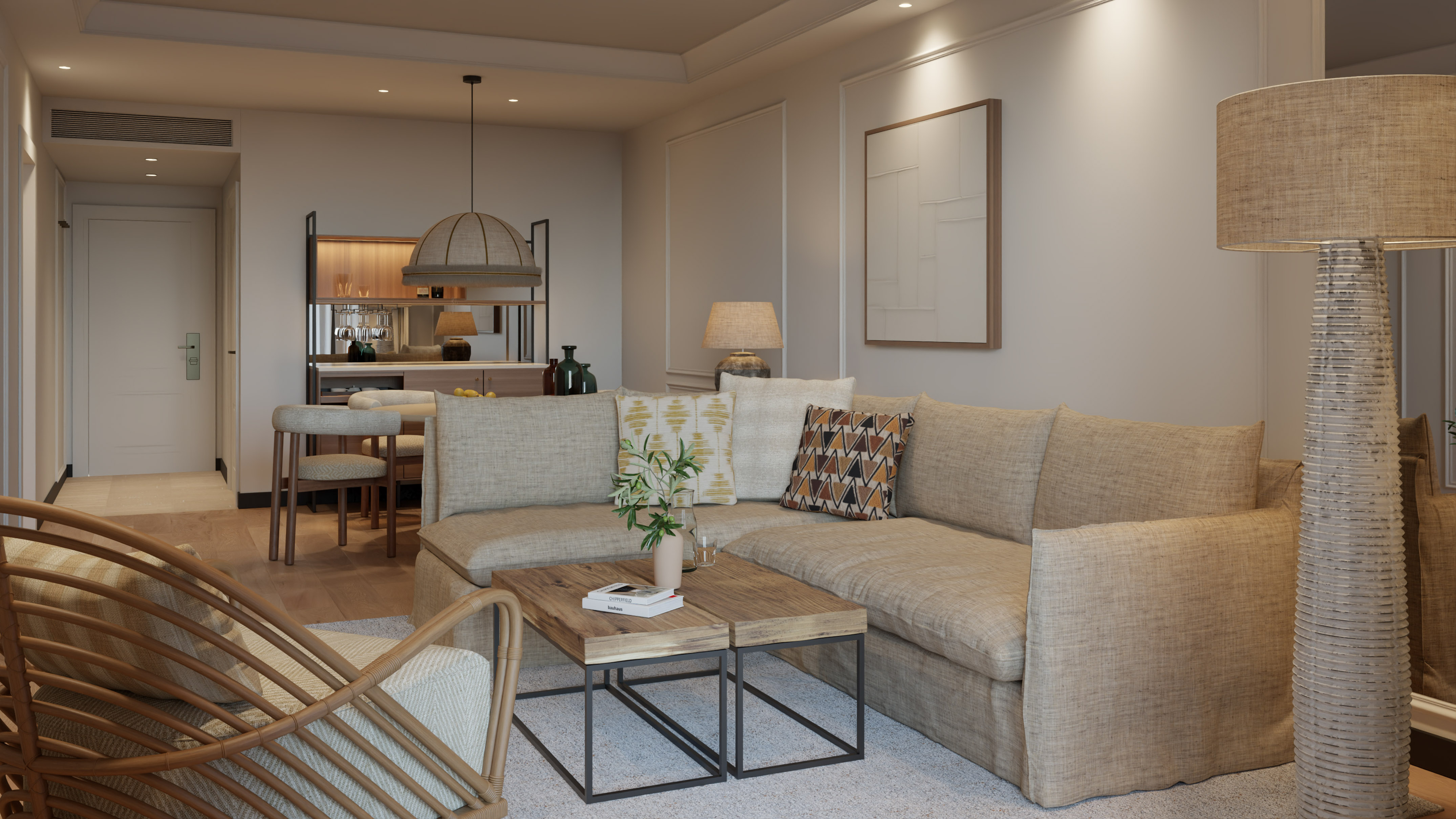 a living room with a couch and a table