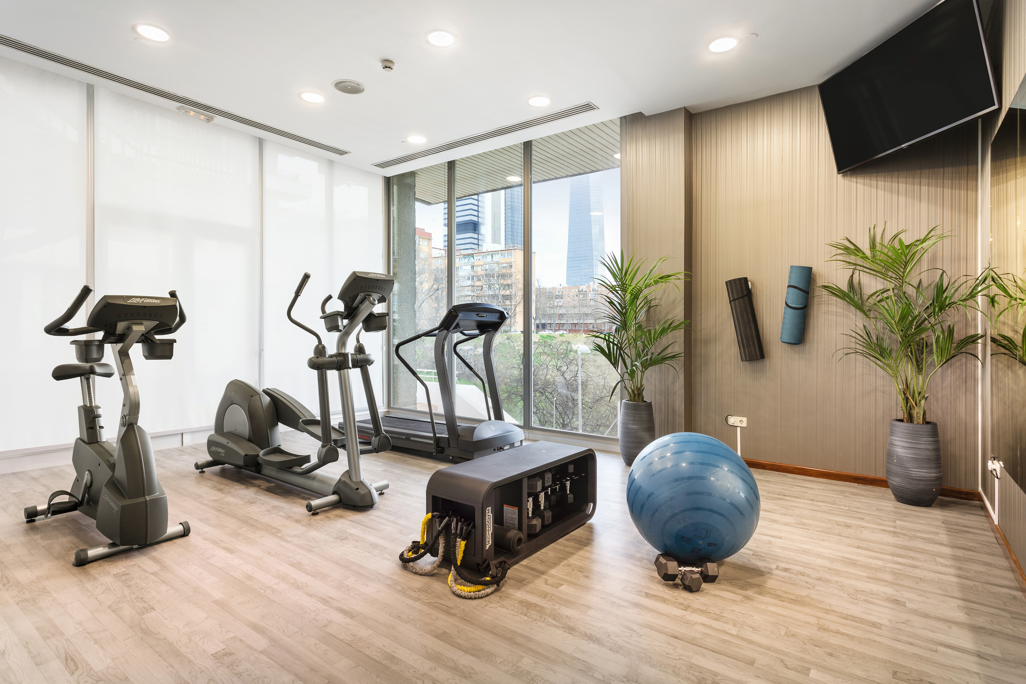 Modern fitness center with cardio machines, workout gear, and a city view.