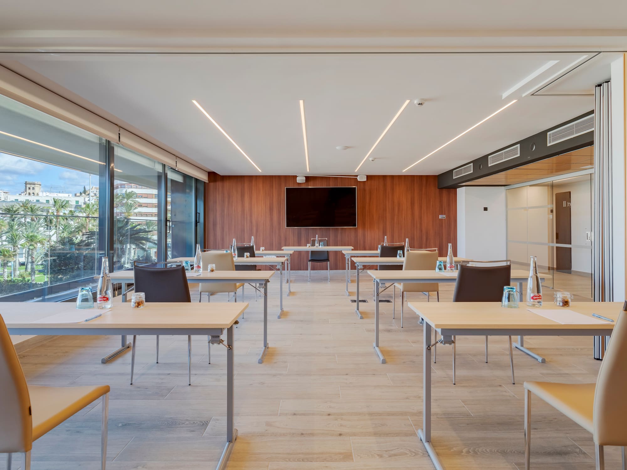 a room with tables and chairs