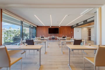 a room with tables and chairs