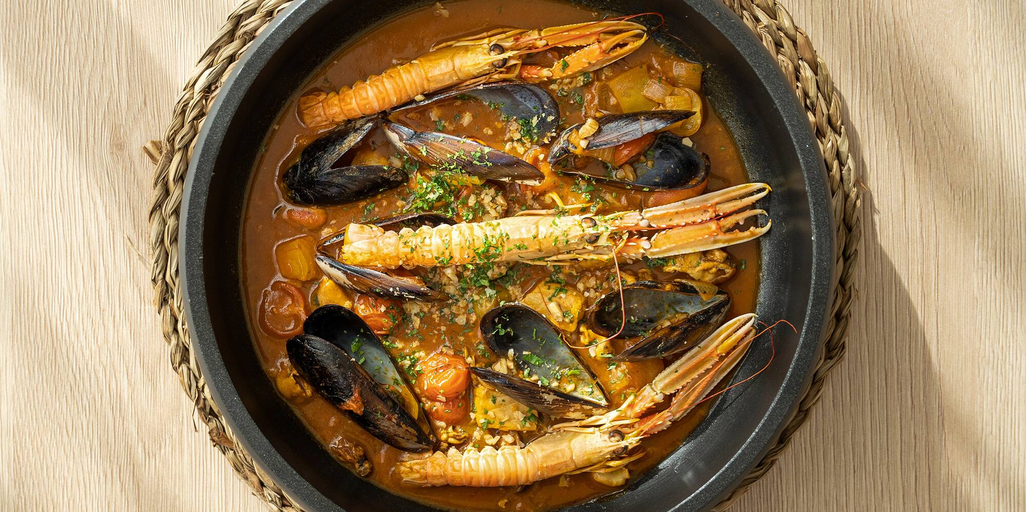 a pan of seafood soup
