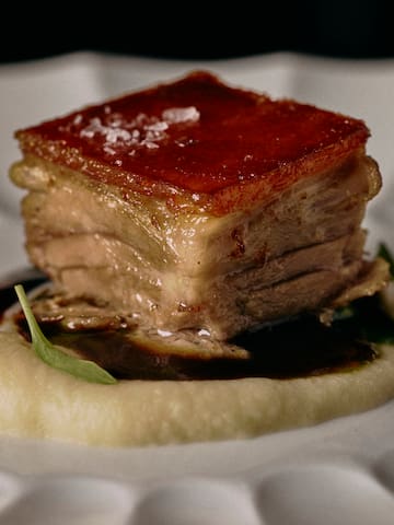 a piece of meat on a white plate