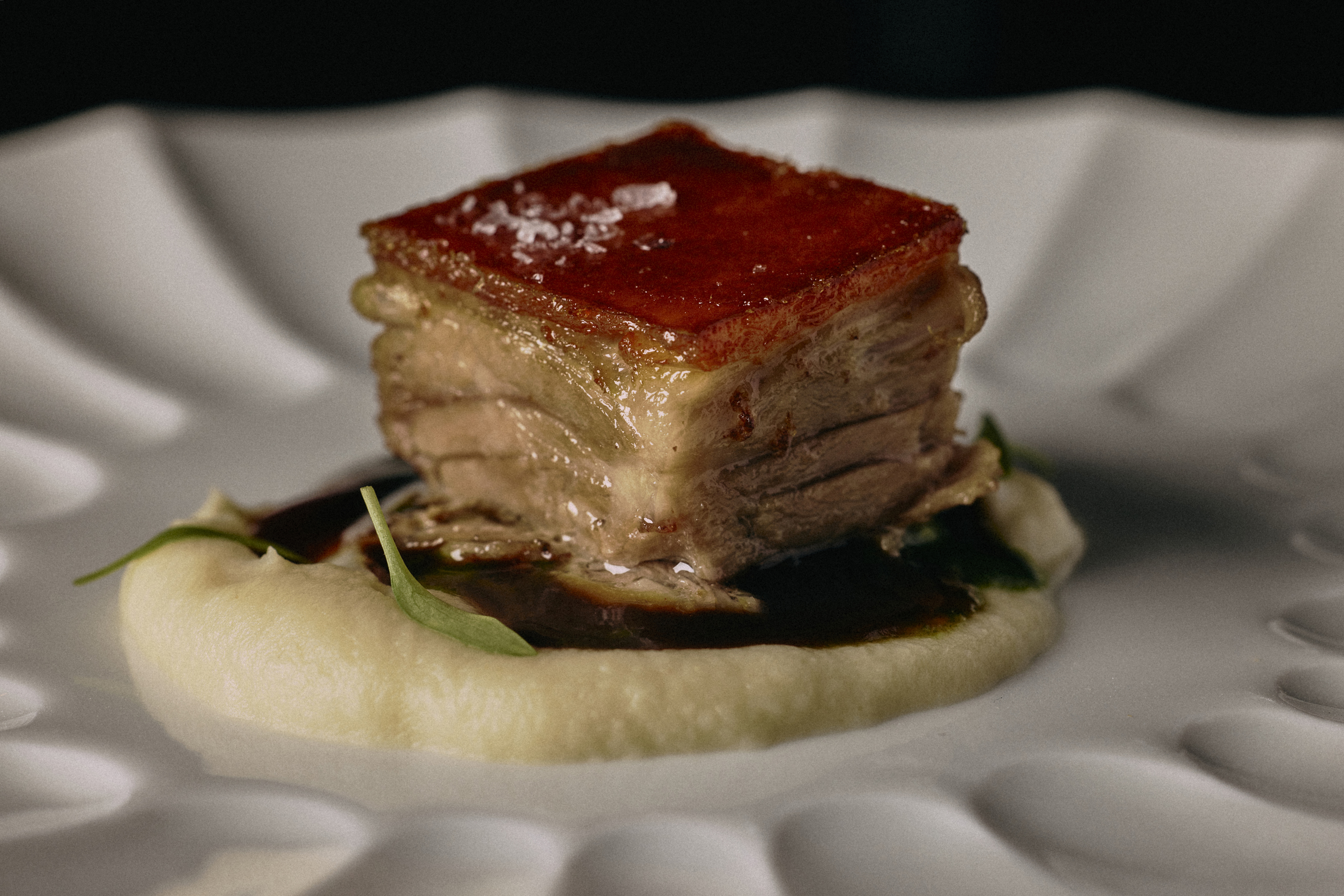 a piece of meat on a white plate