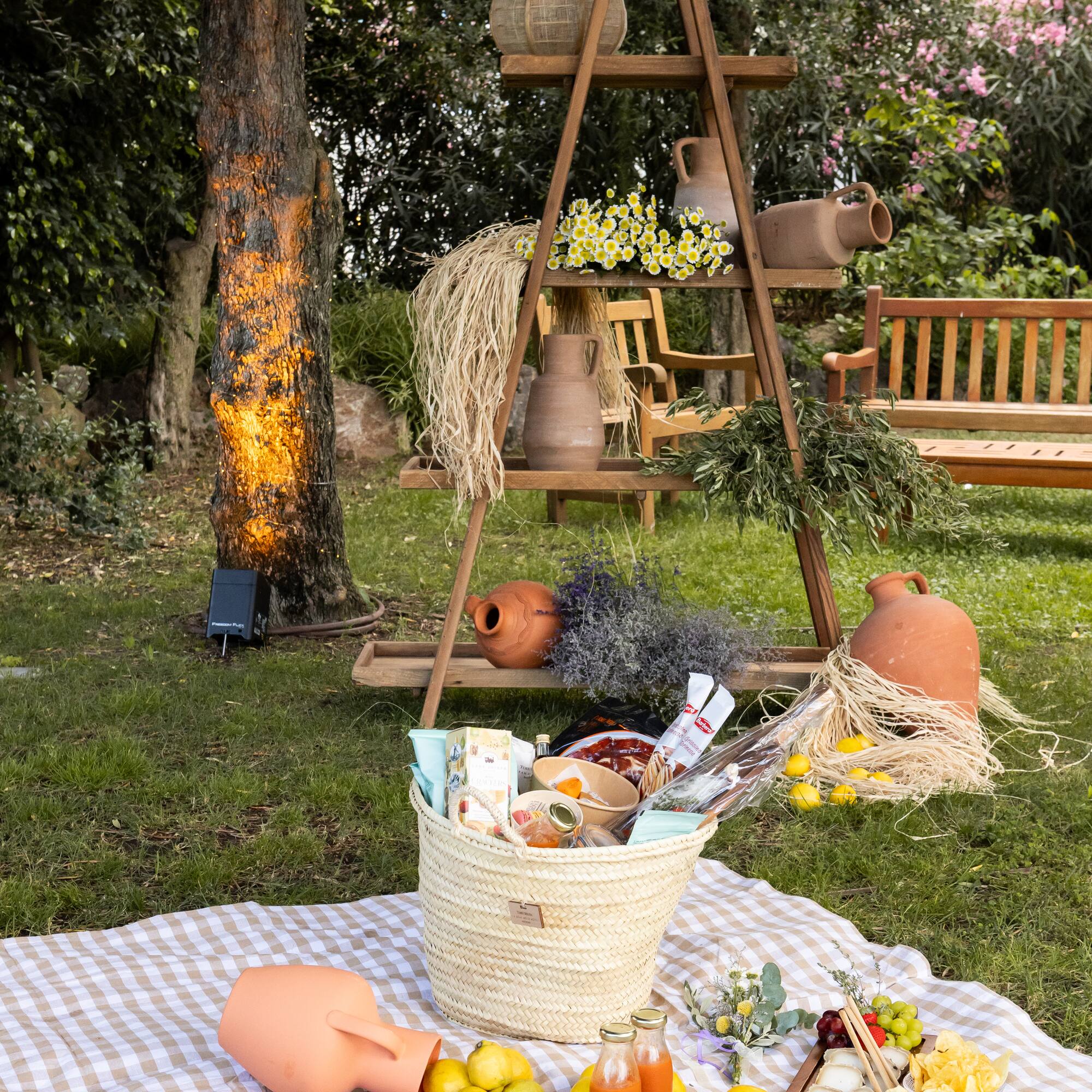 a picnic blanket with food and drinks on it