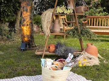 a picnic blanket with food and drinks on it