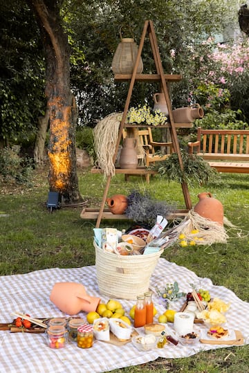 a picnic blanket with food and drinks on it
