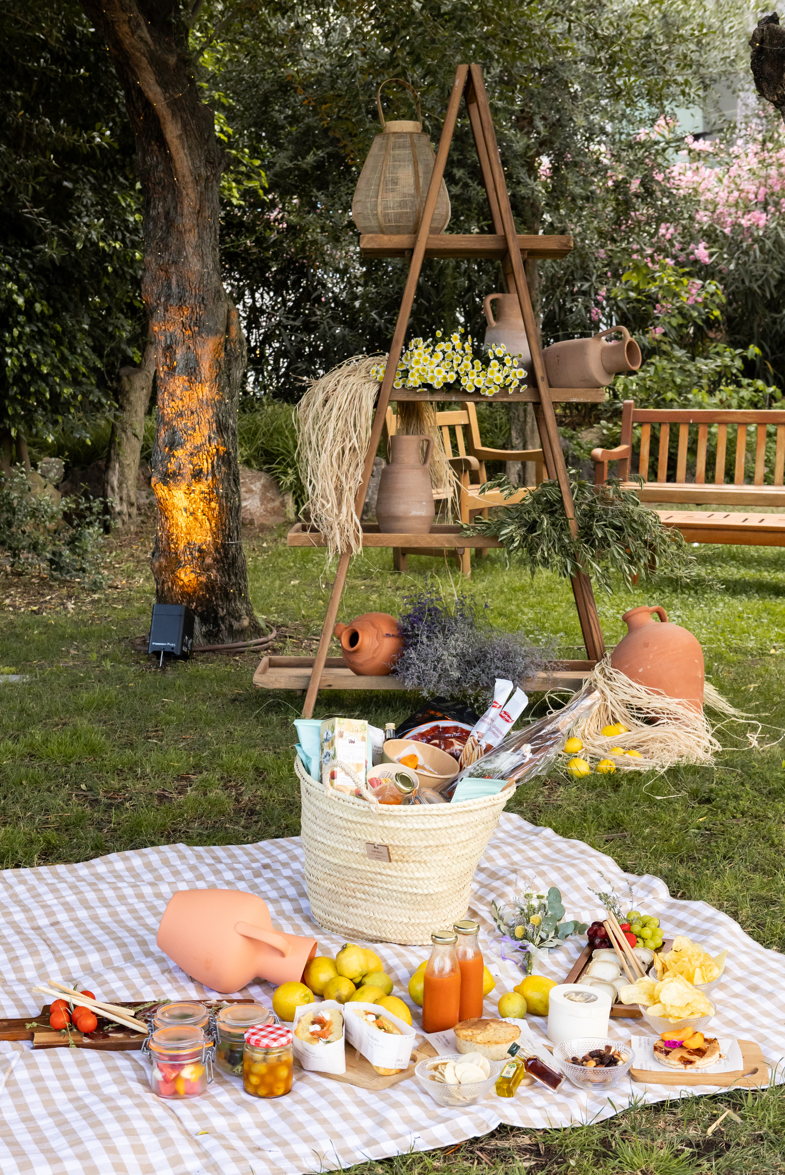 Garden picnic with food spread, wicker basket on checkered blanket, rustic shelf.