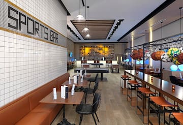 a room with tables and chairs