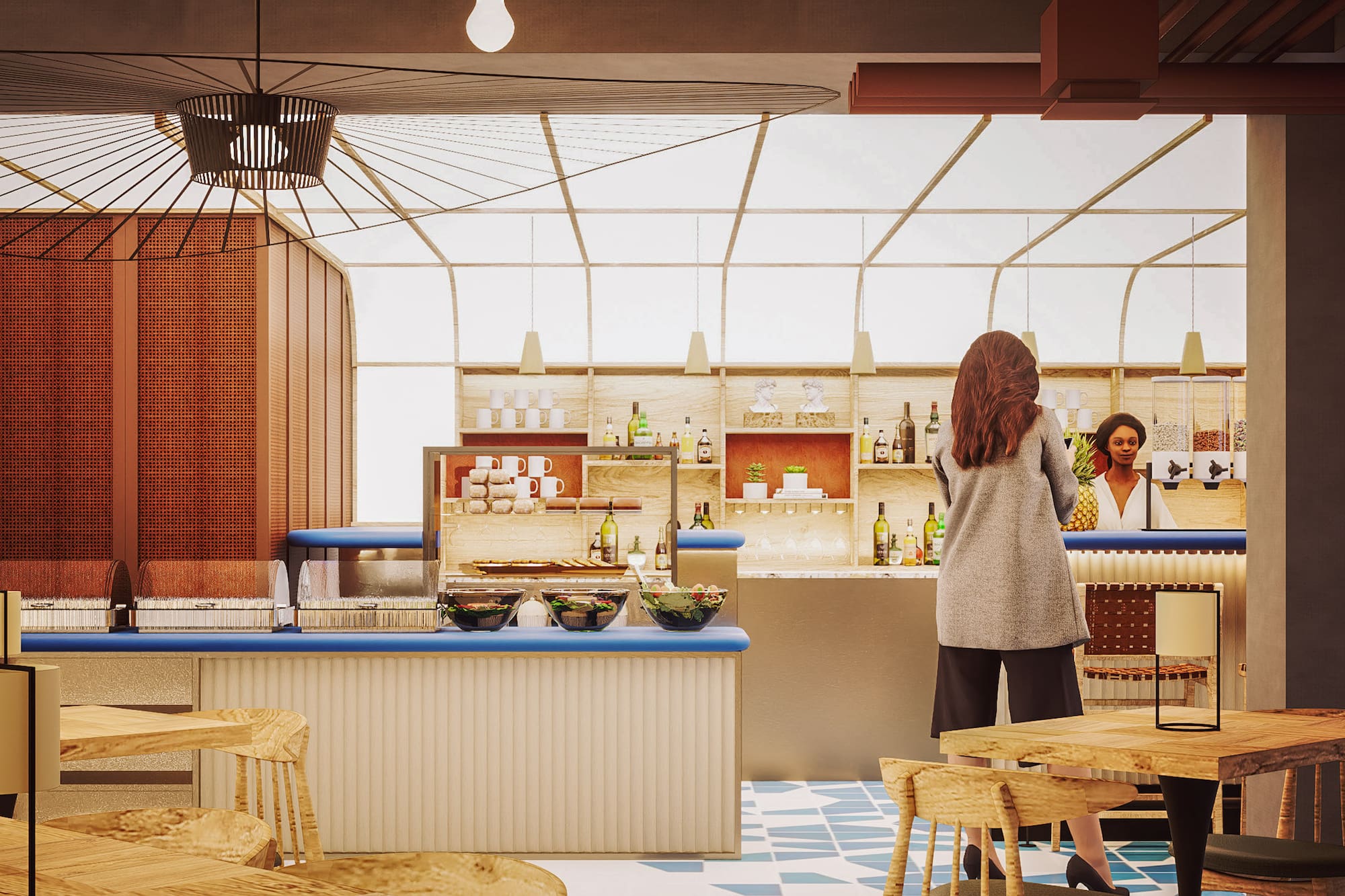 Modern cafe buffet with woman, server, wooden tables, and contemporary design.