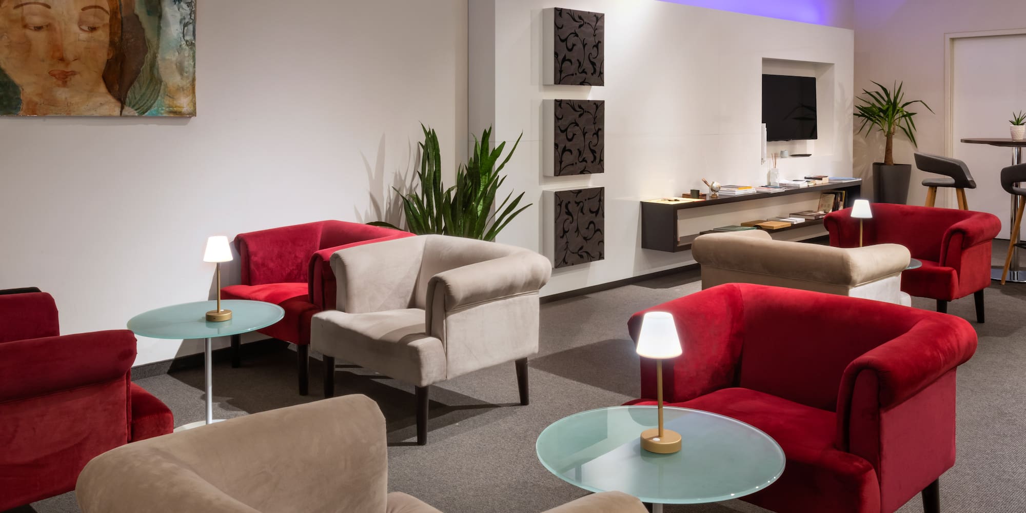 a room with chairs and tables