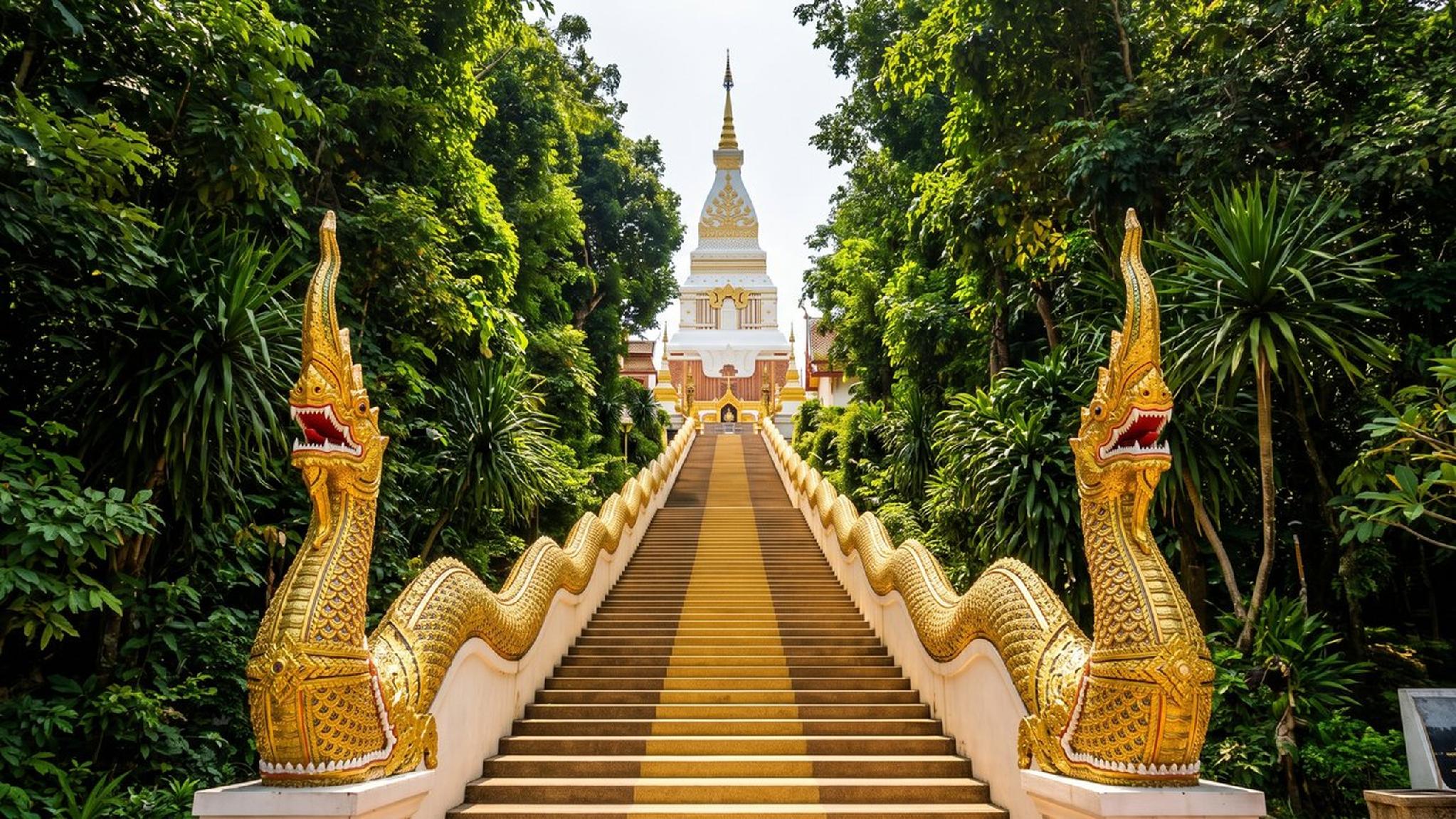 Golden Naga-flanked stairs ascend to a white stupa amidst green trees.