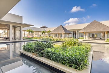 a building with a pool and plants