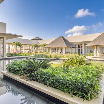 a building with a pool and plants