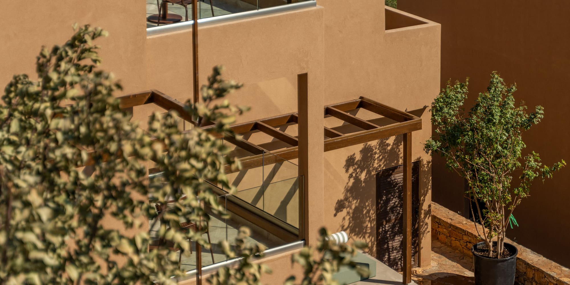 a building with a pool and a tree