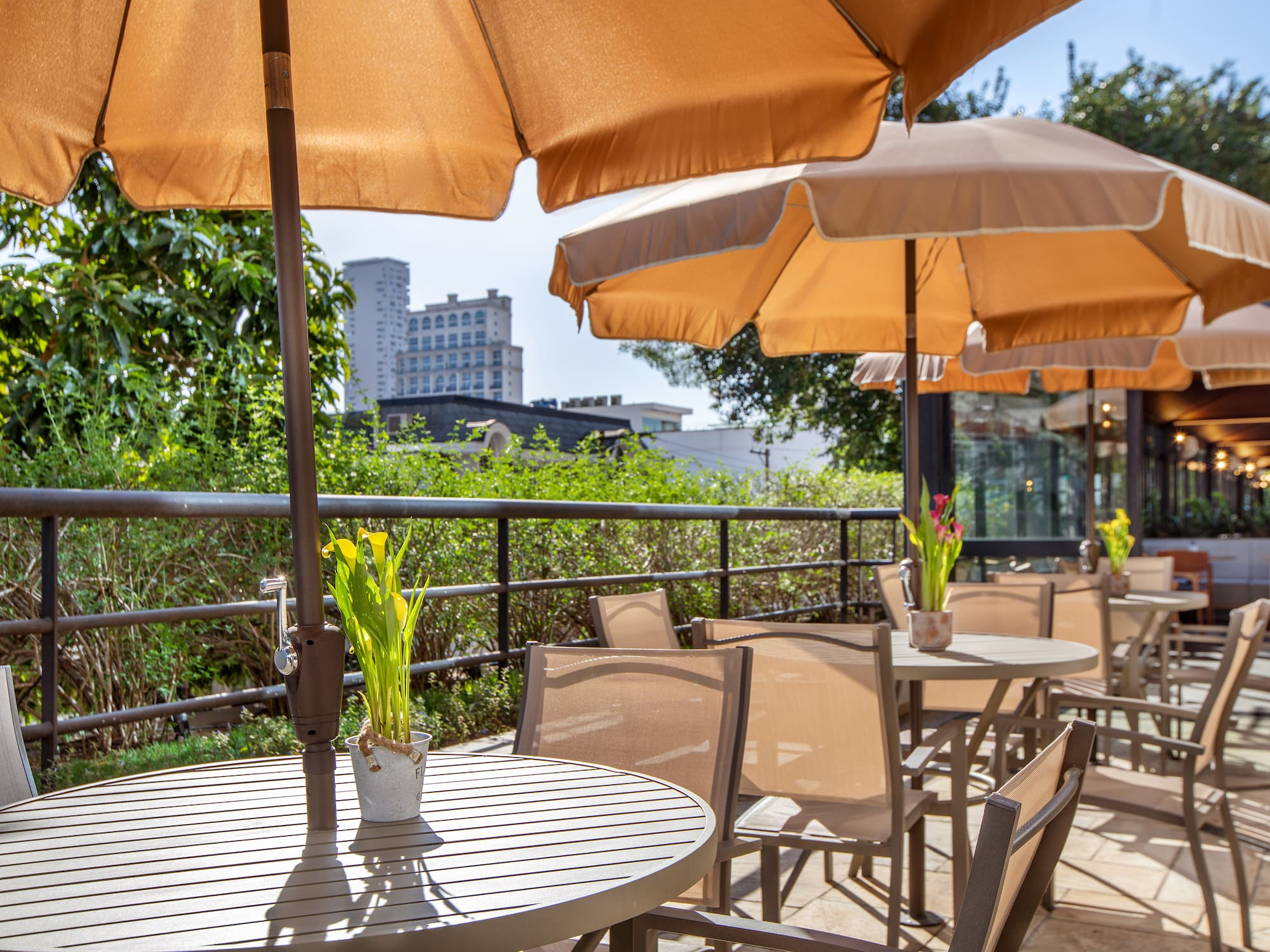 a table and chairs with umbrellas on a patio