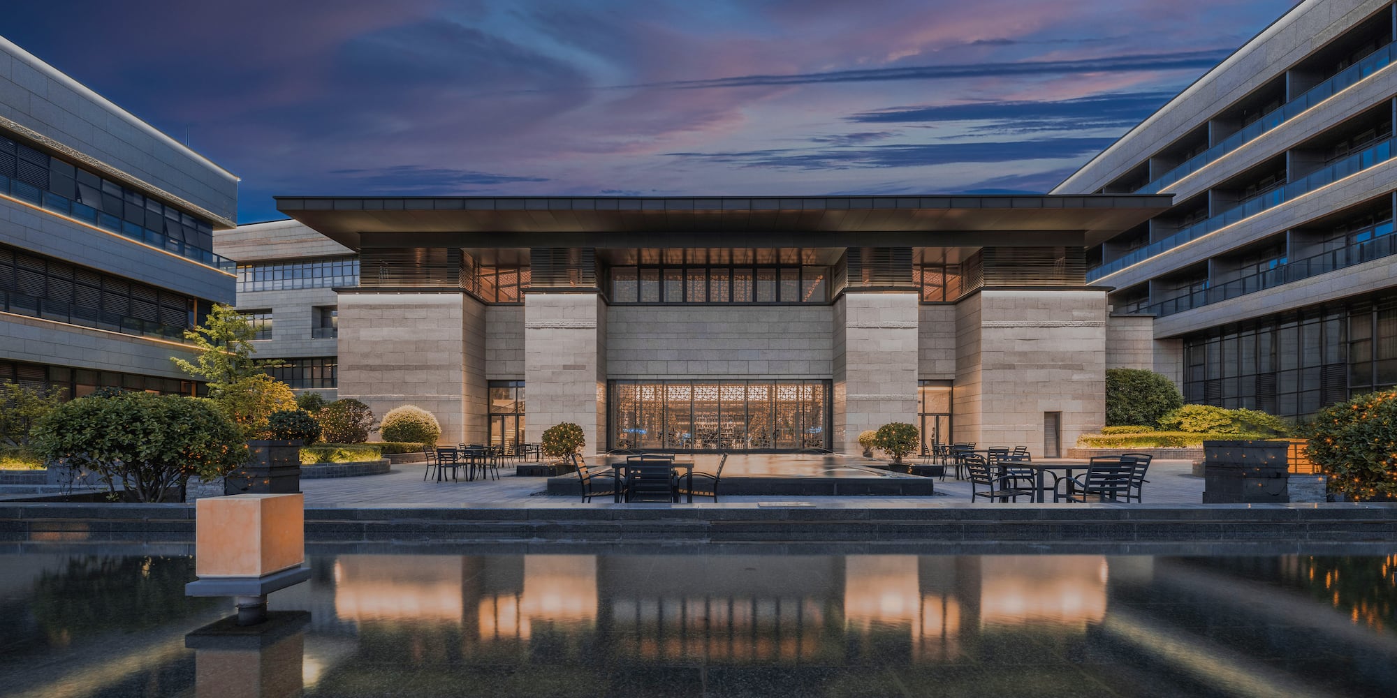 a building with a pool of water