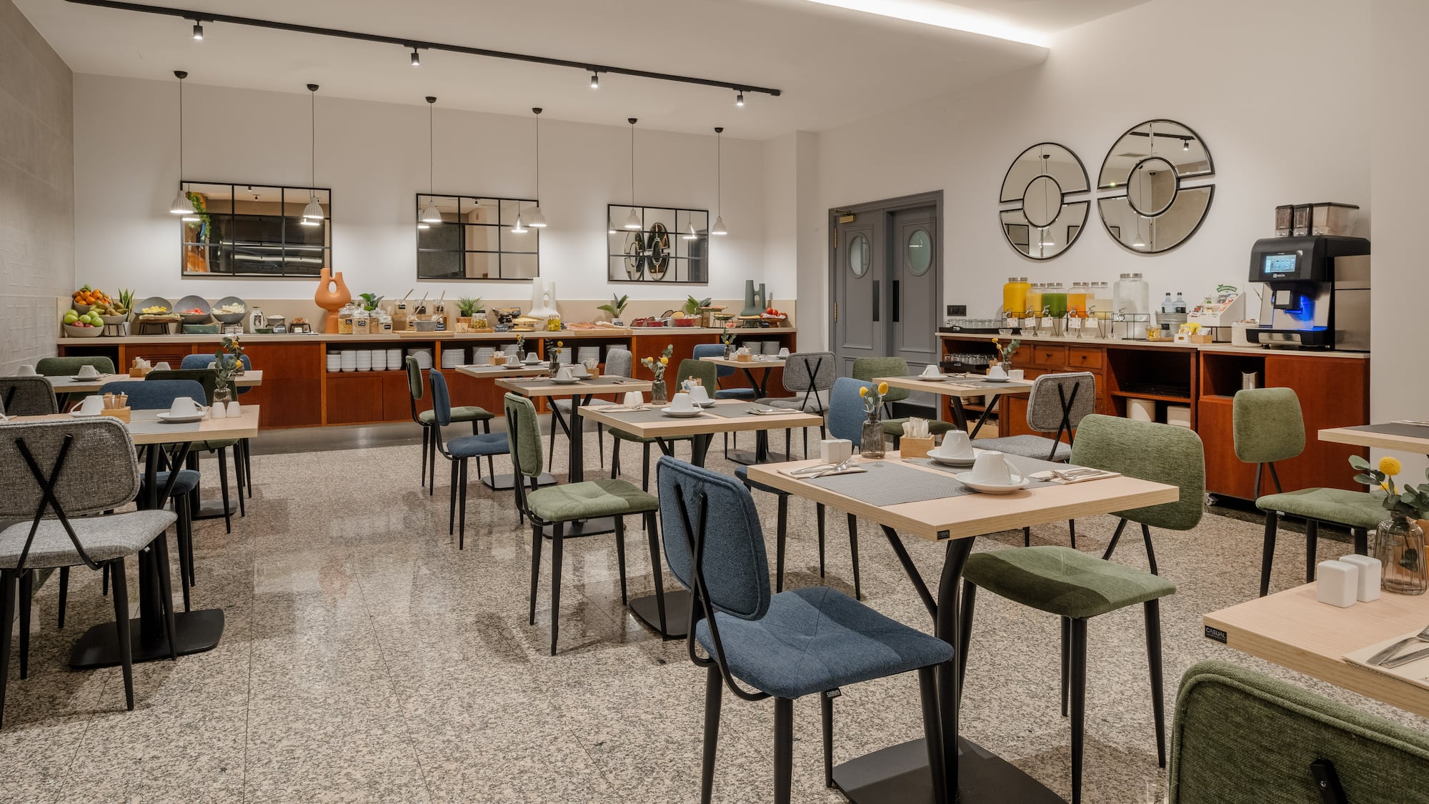 a room with tables and chairs