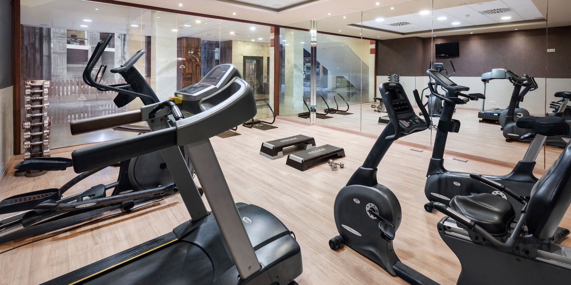 Fitness center with treadmills, elliptical, exercise bikes, and steps.