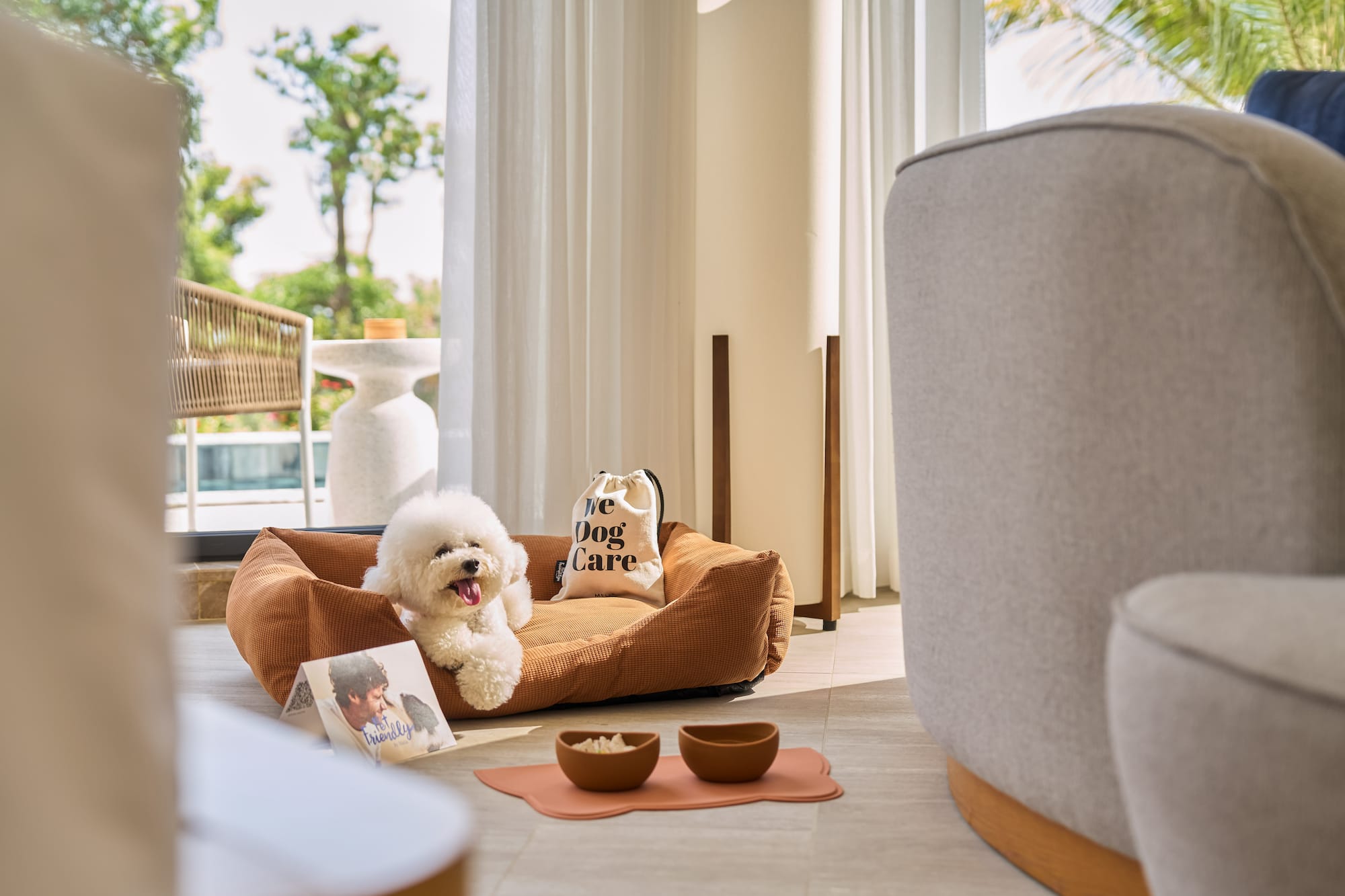 Bichon Frise in pet bed with bowls, "We Dog Care" bag, bright pet-friendly room.
