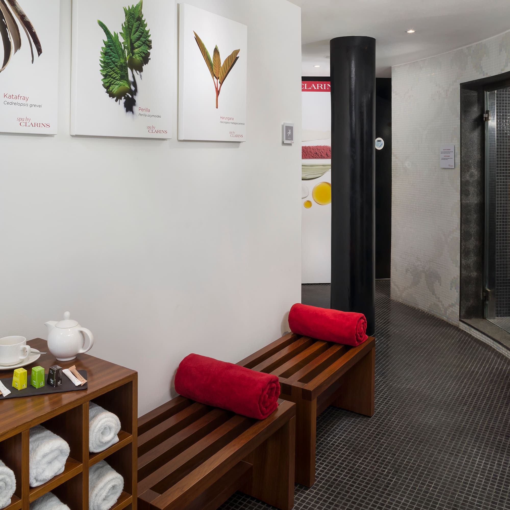 Clarins spa relaxation zone with botanical art, wooden benches, and sauna.
