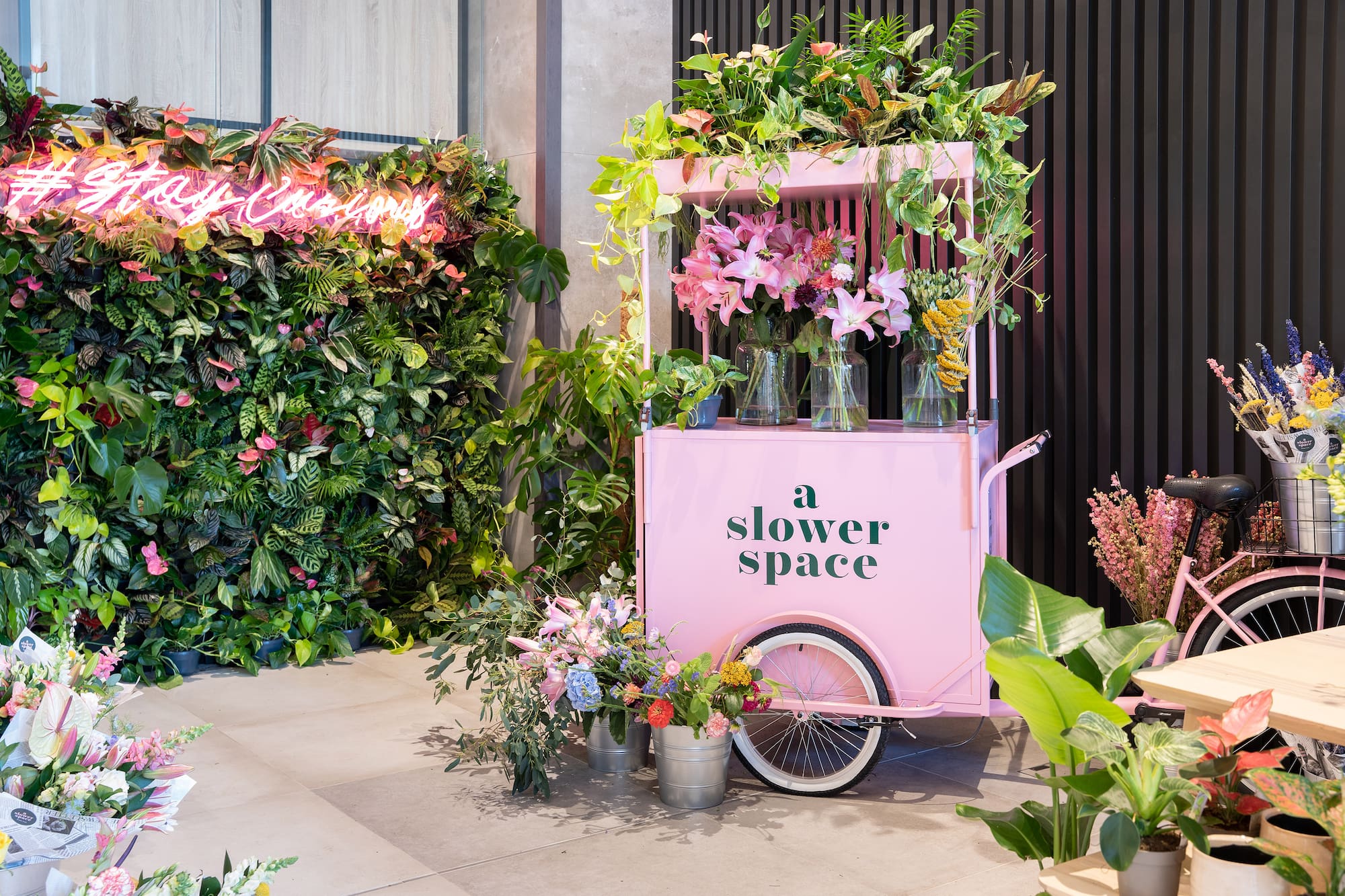 Pink flower cart, 'a slower space' display, living wall, #StayCool neon.