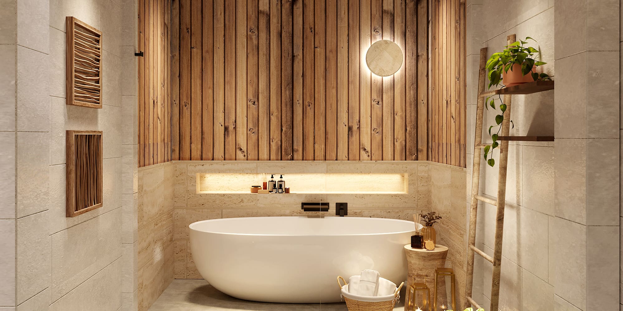 a bathroom with a tub and plants