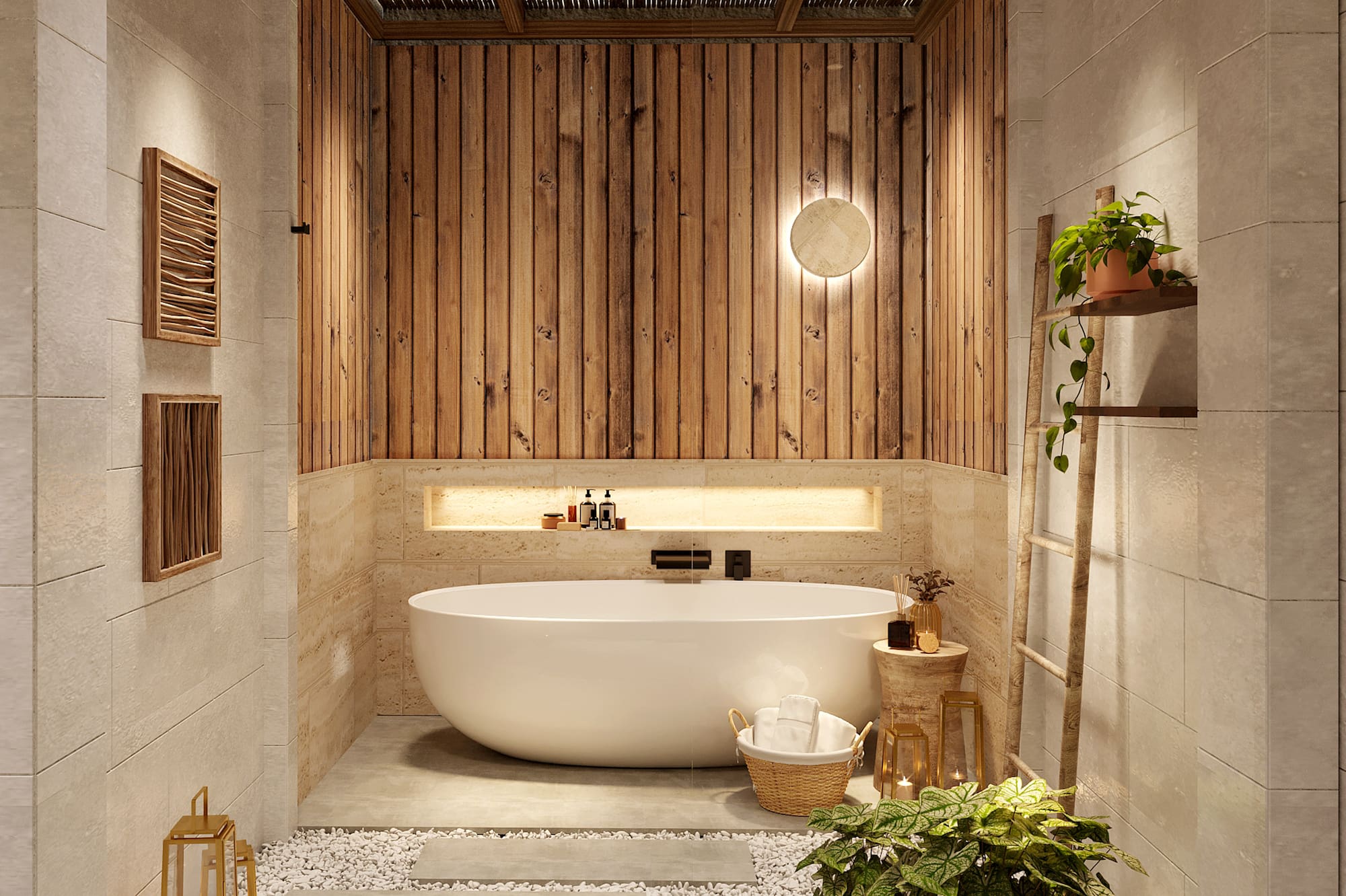 a bathroom with a tub and plants
