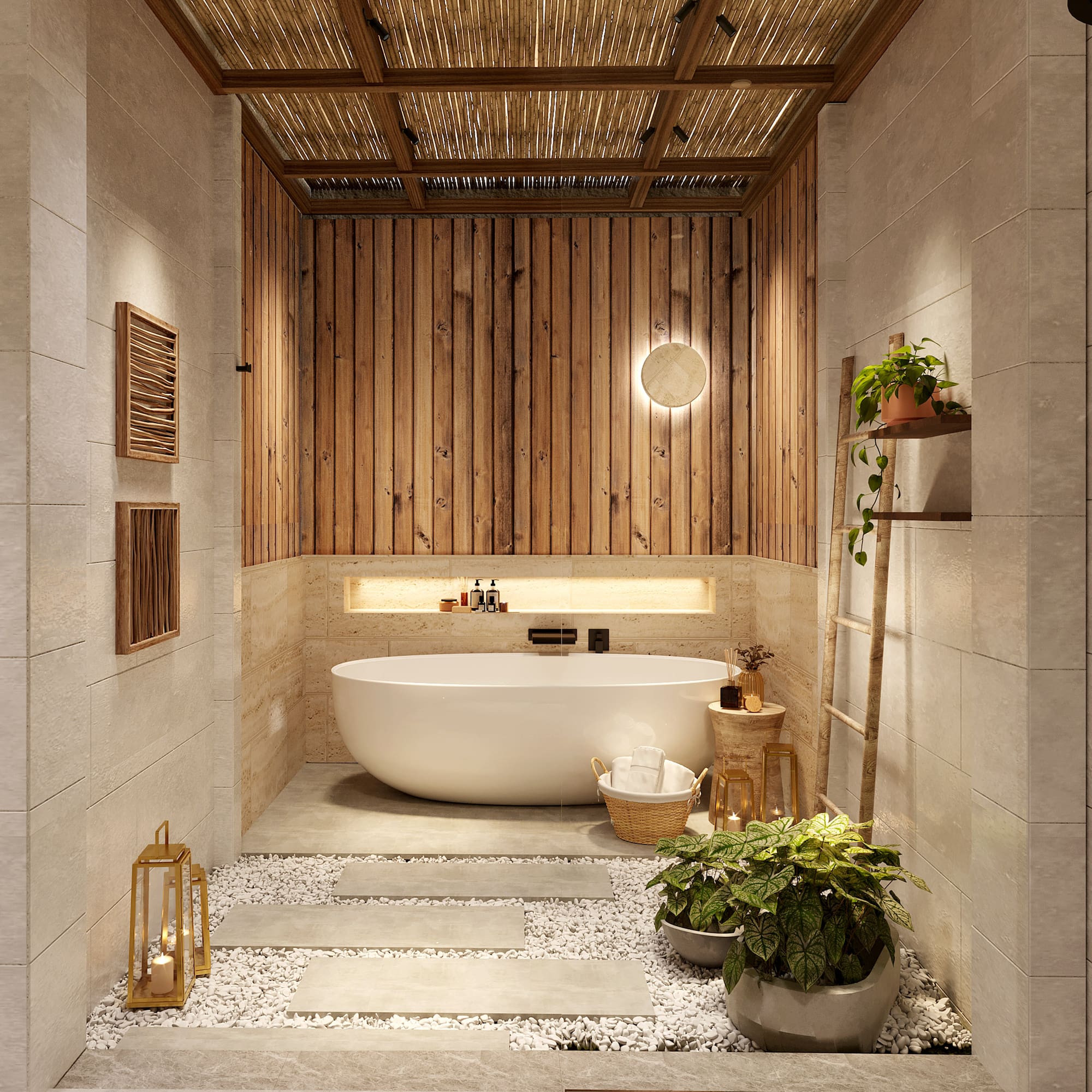 a bathroom with a tub and plants