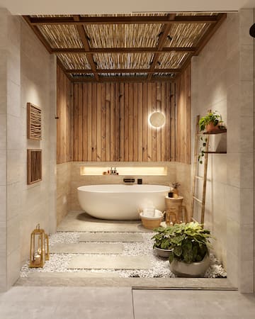 a bathroom with a tub and plants