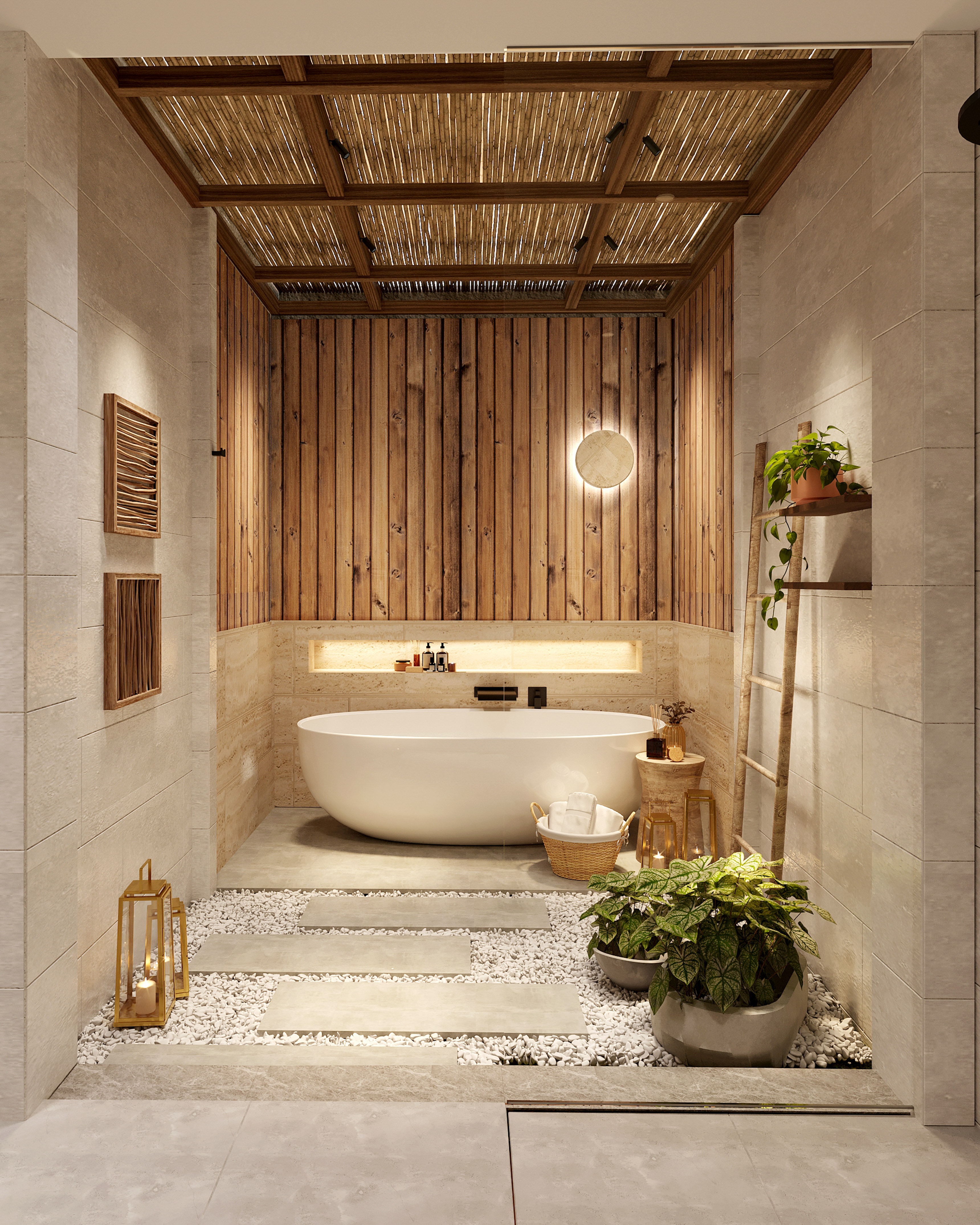 Modern spa bathroom with freestanding tub, wood wall, bamboo ceiling, plants.