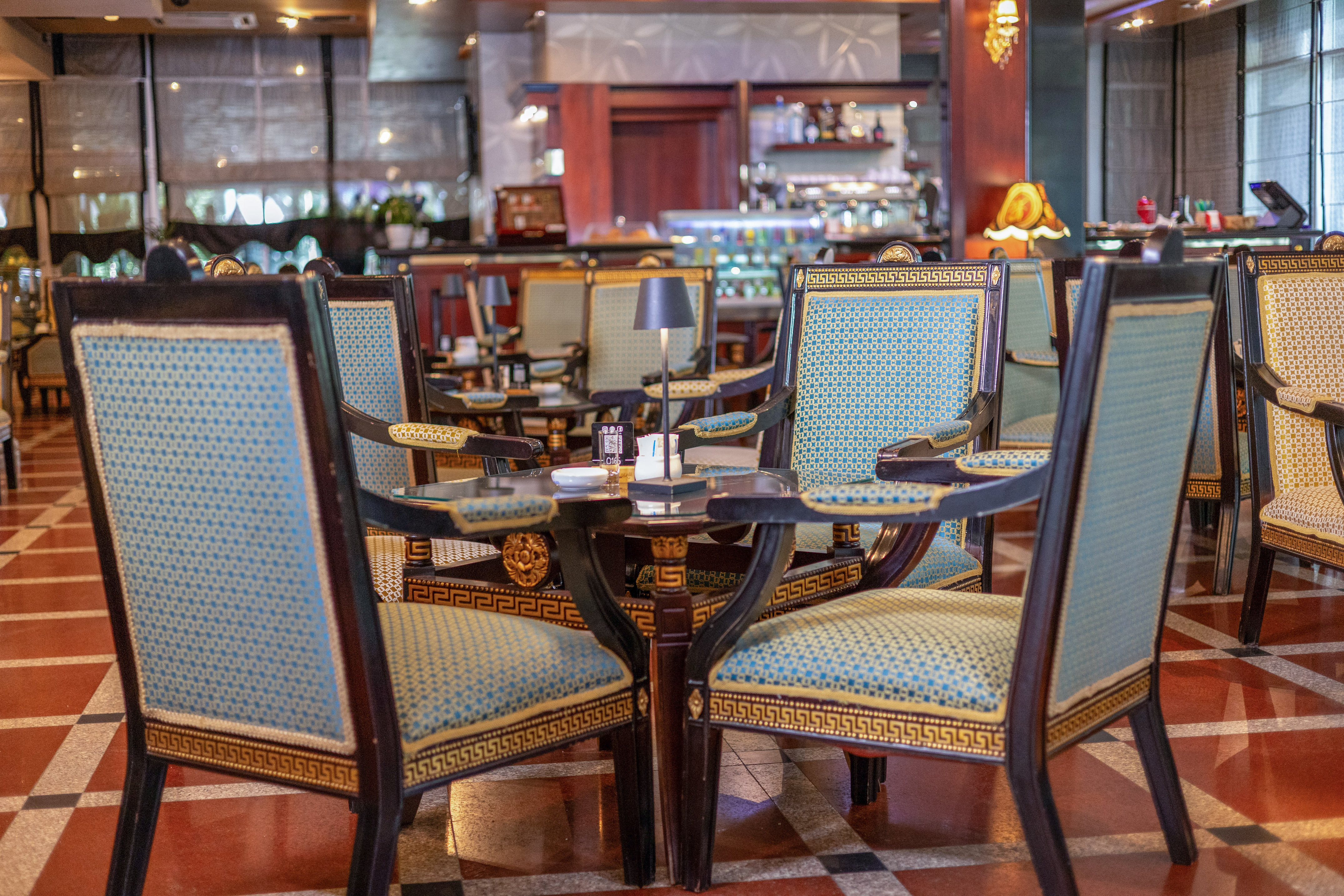 a table and chairs in a restaurant