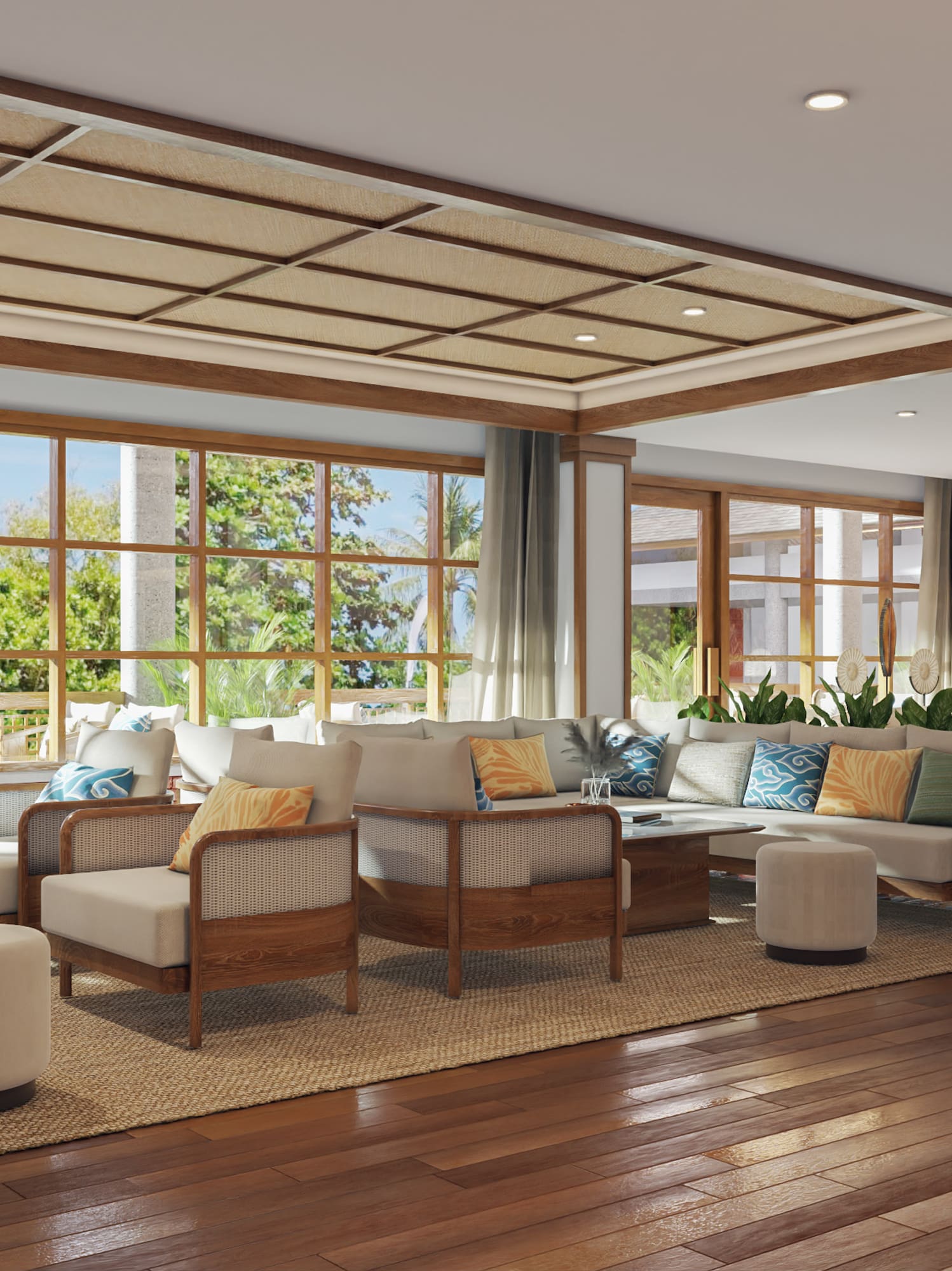 a room with a large couch and a coffee table