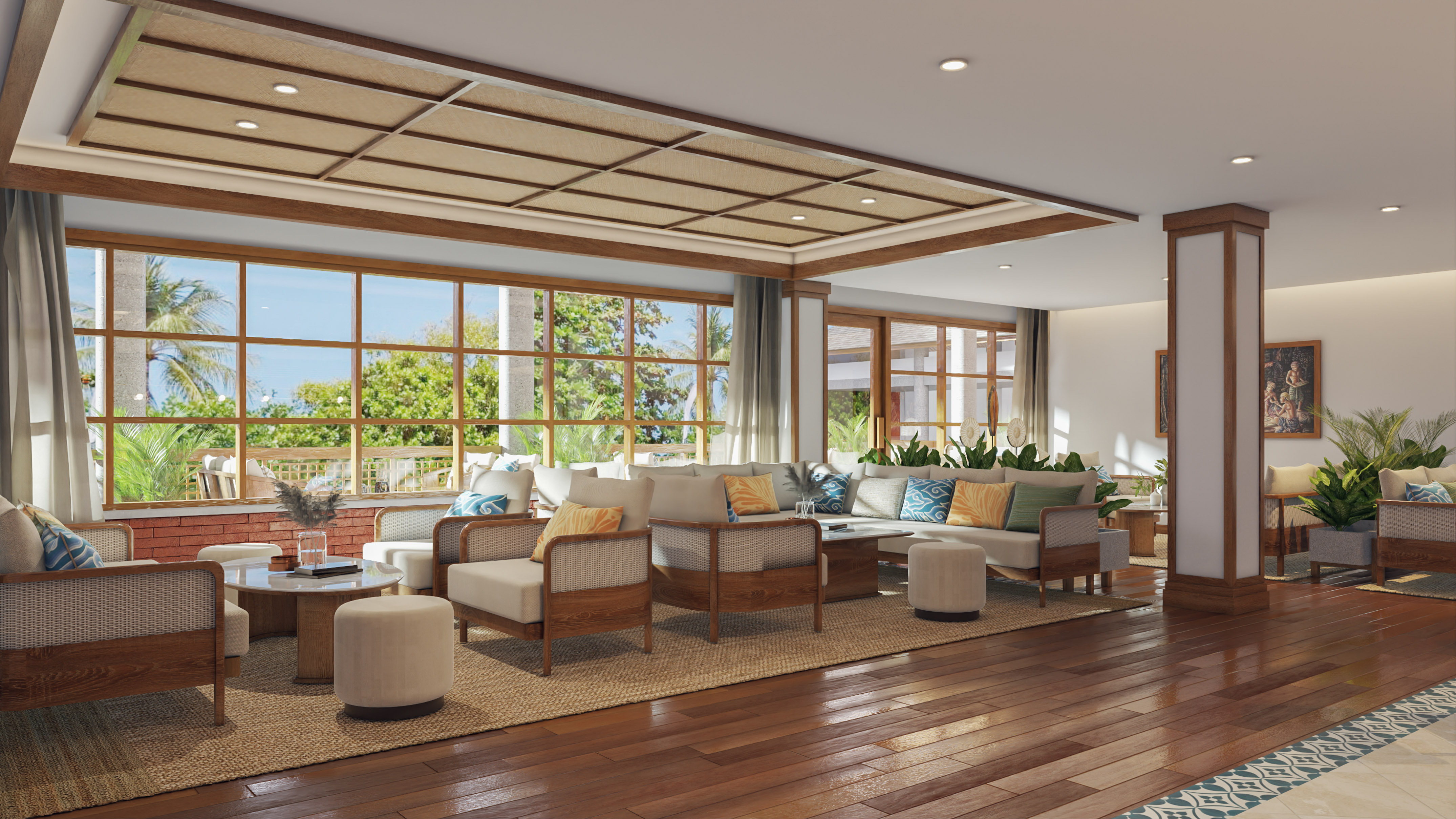 a room with a large couch and a coffee table