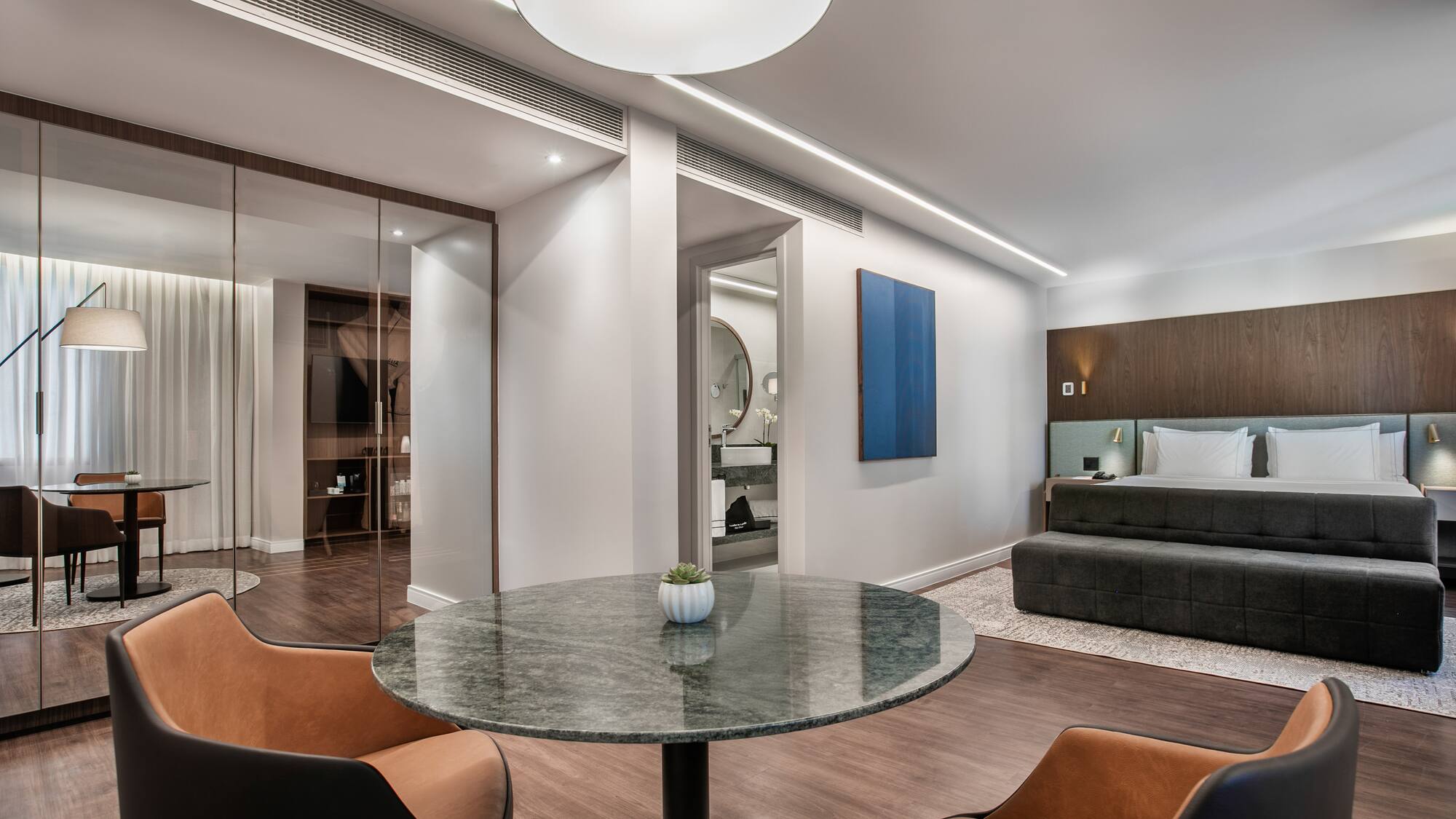 a room with a table and chairs