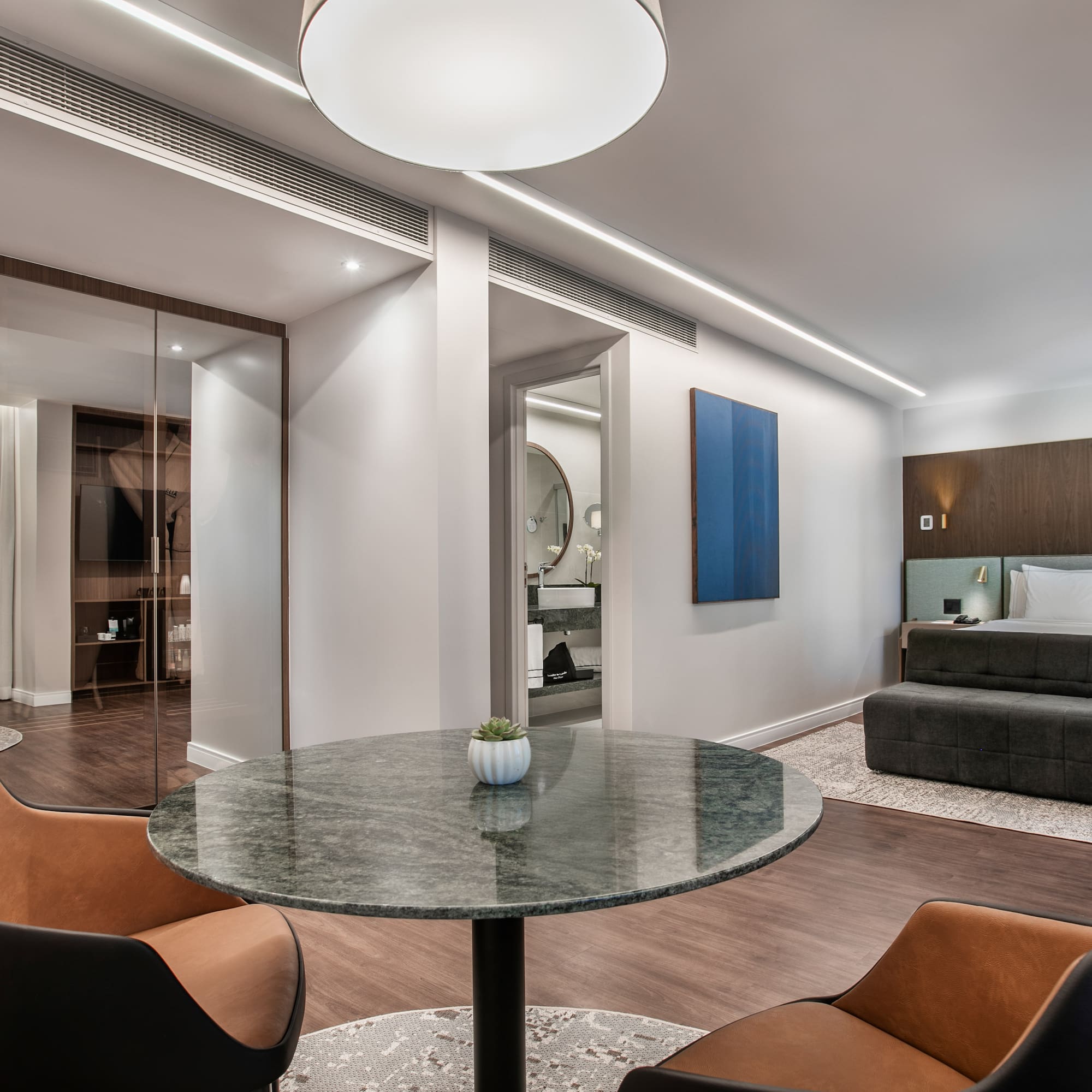 a room with a table and chairs