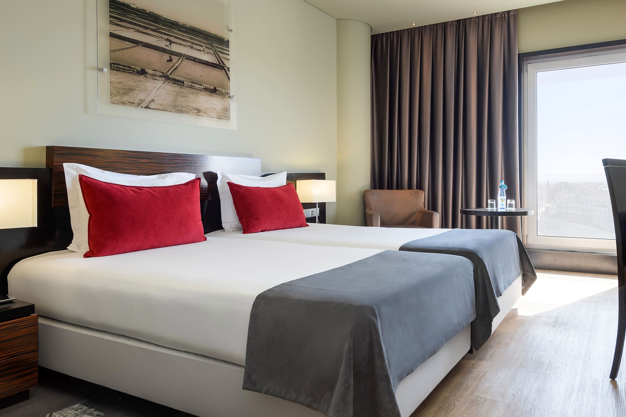 a hotel room with two beds