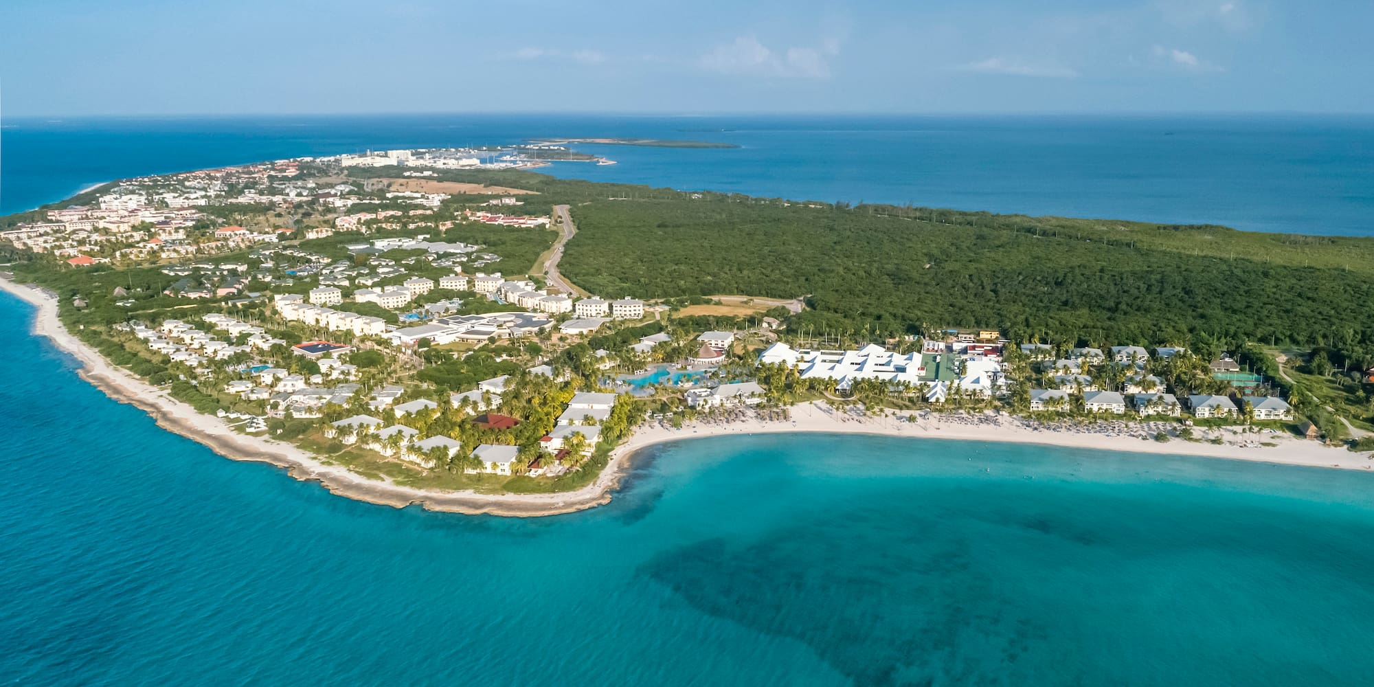 an aerial view of a beach with buildings and trees