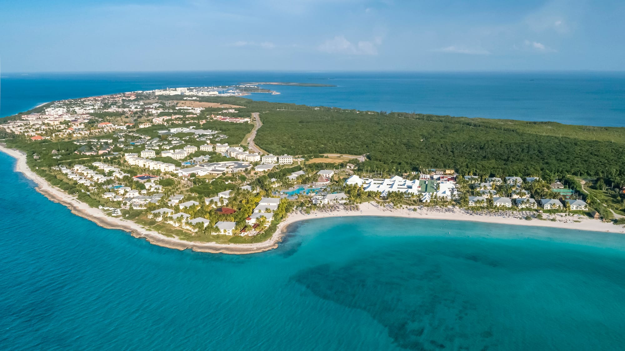 an aerial view of a beach with buildings and trees