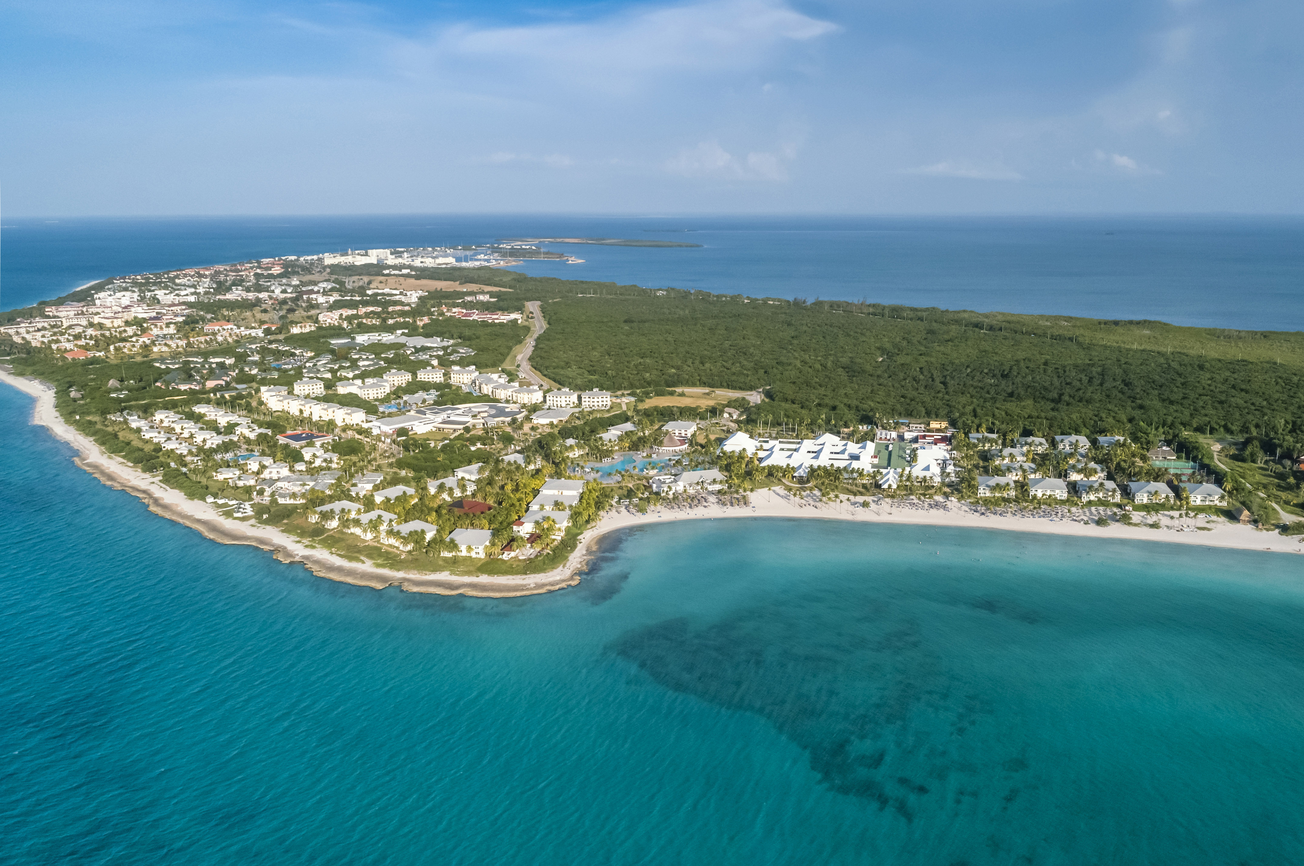 an aerial view of a beach with buildings and trees