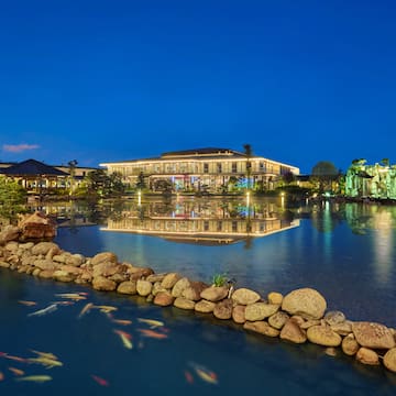 a pond with a building and fish swimming in it