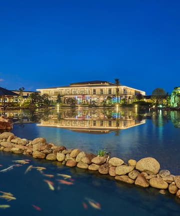 a pond with a building and fish swimming in it