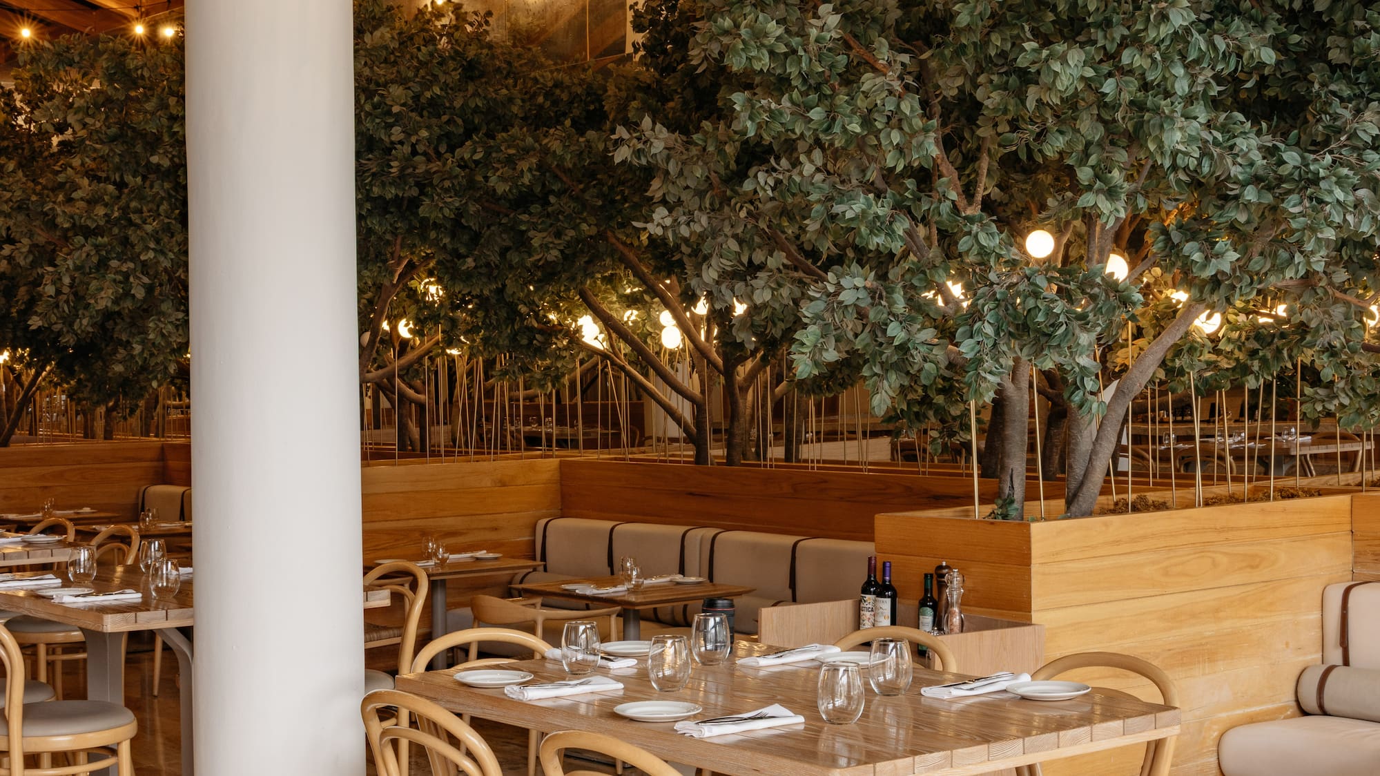 Restaurant dining room with wooden tables, rattan lamps, and indoor trees.