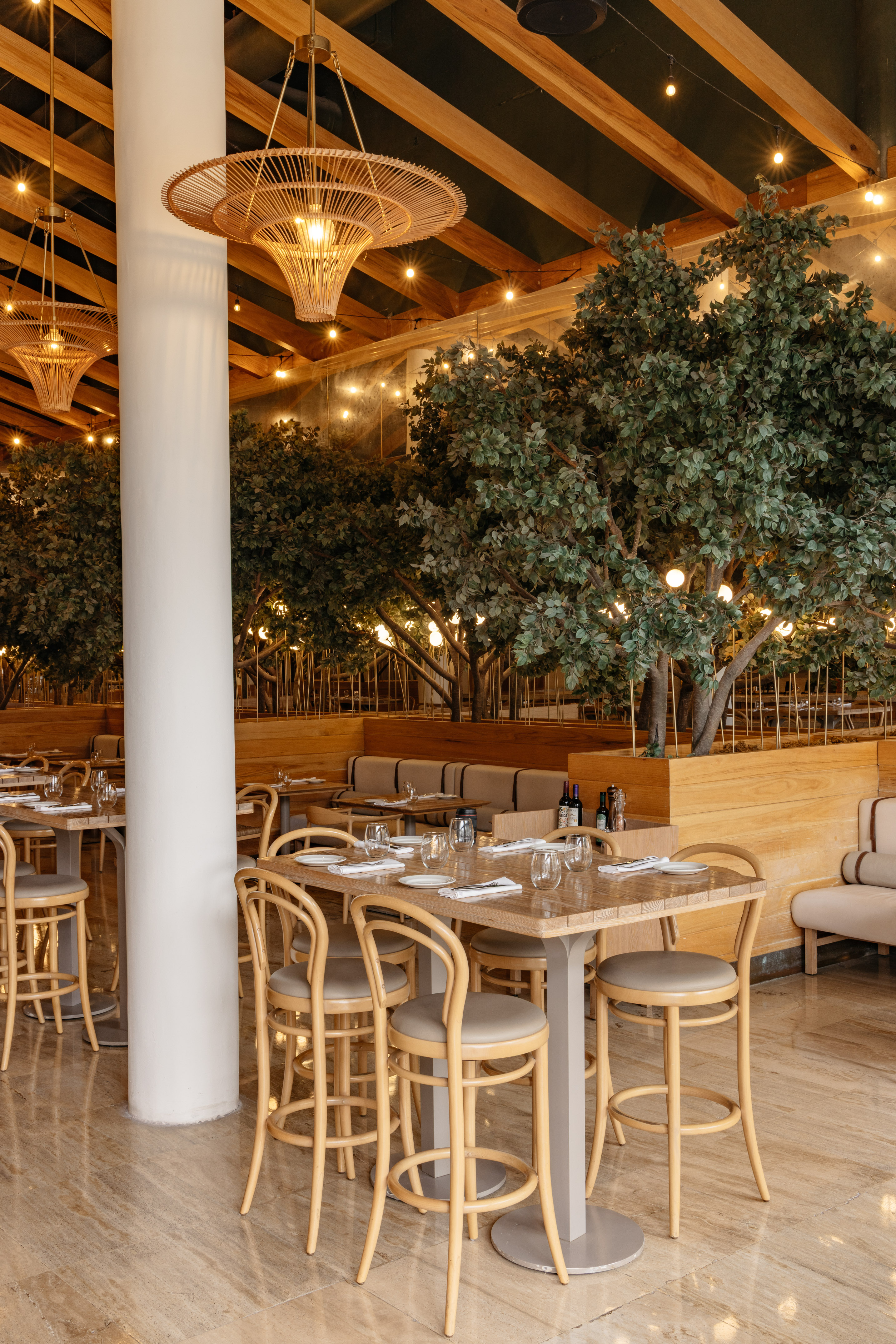 Restaurant dining room with wooden tables, rattan lamps, and indoor trees.