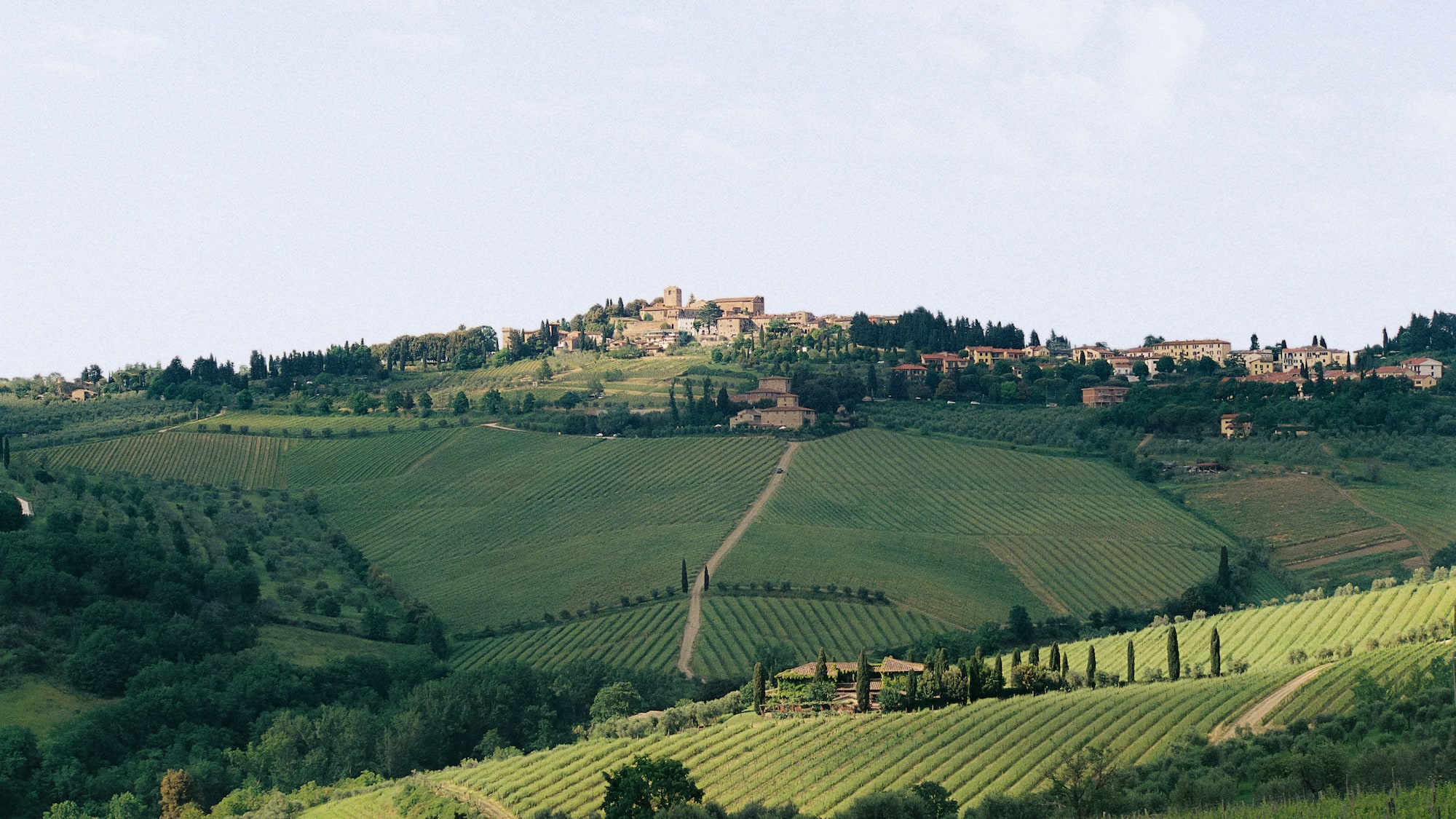 a green hills with trees and buildings